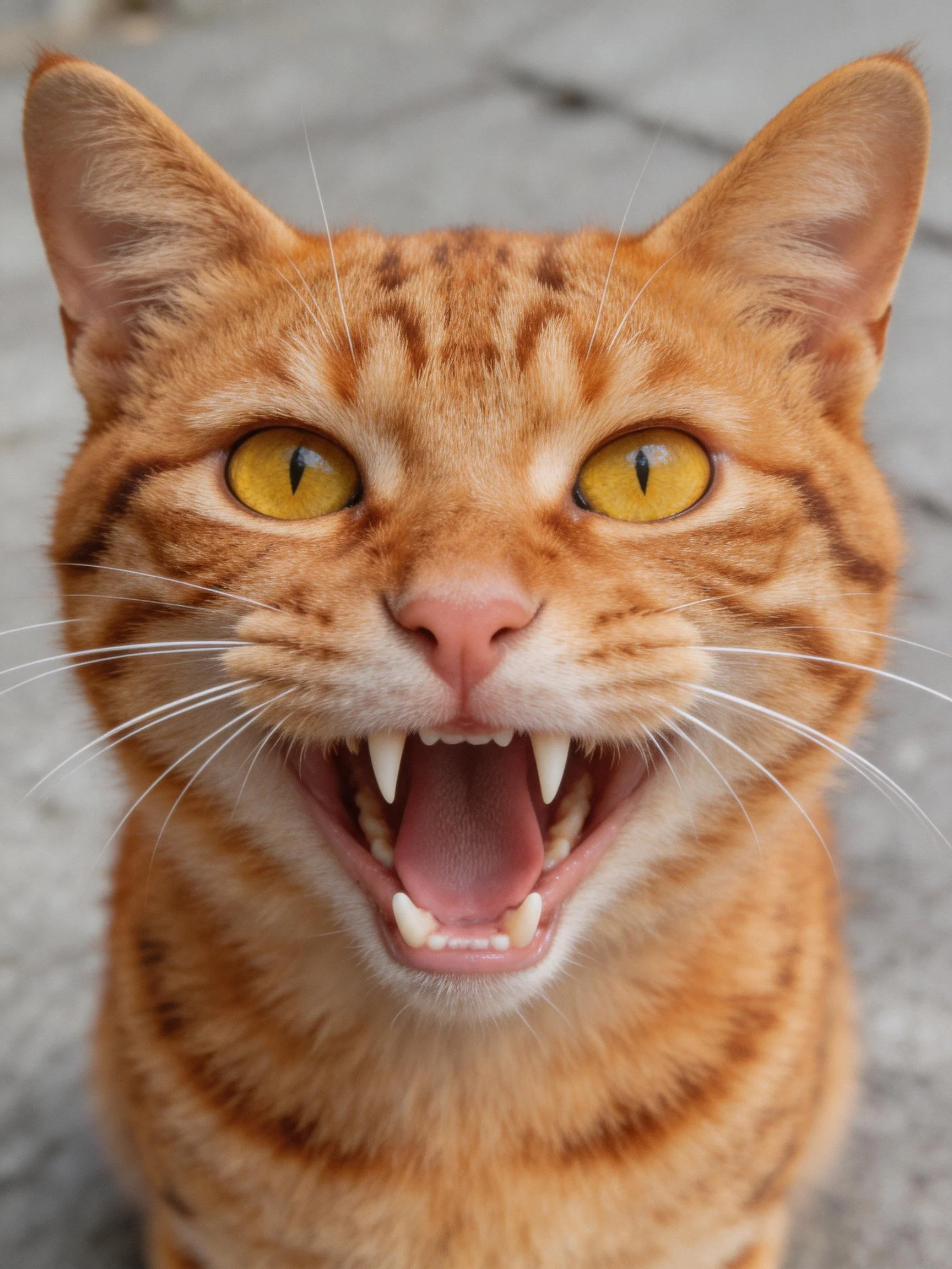 An orange tabby cat displays its teeth widely in a close-up shot.