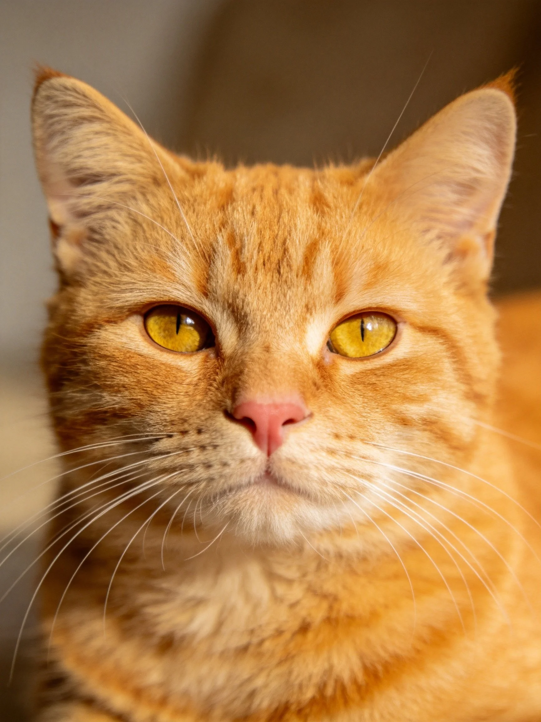 An orange tabby cat with bright yellow eyes is shown in close - up.