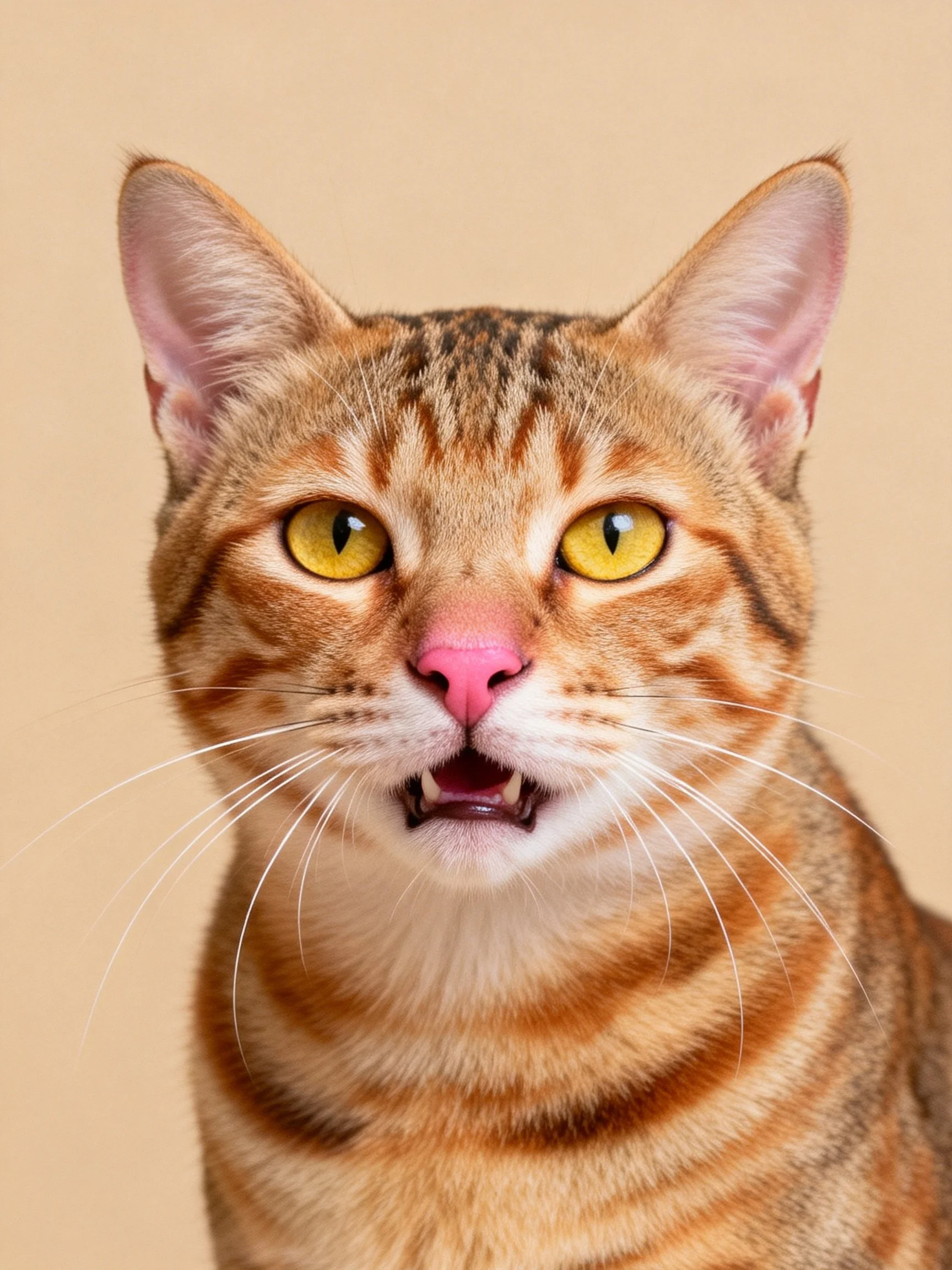 An orange tabby cat with bright yellow eyes is shown in close-up.