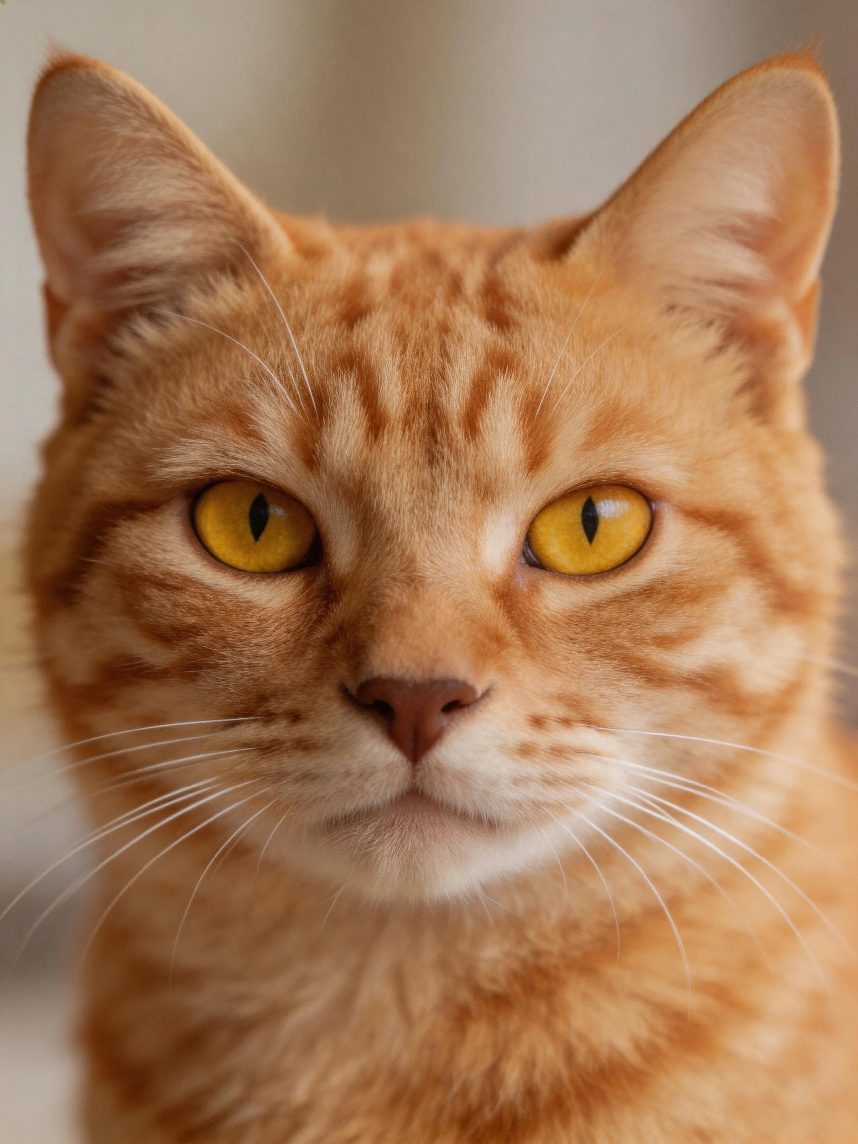 A close - up reveals an orange tabby cat with vivid yellow eyes.