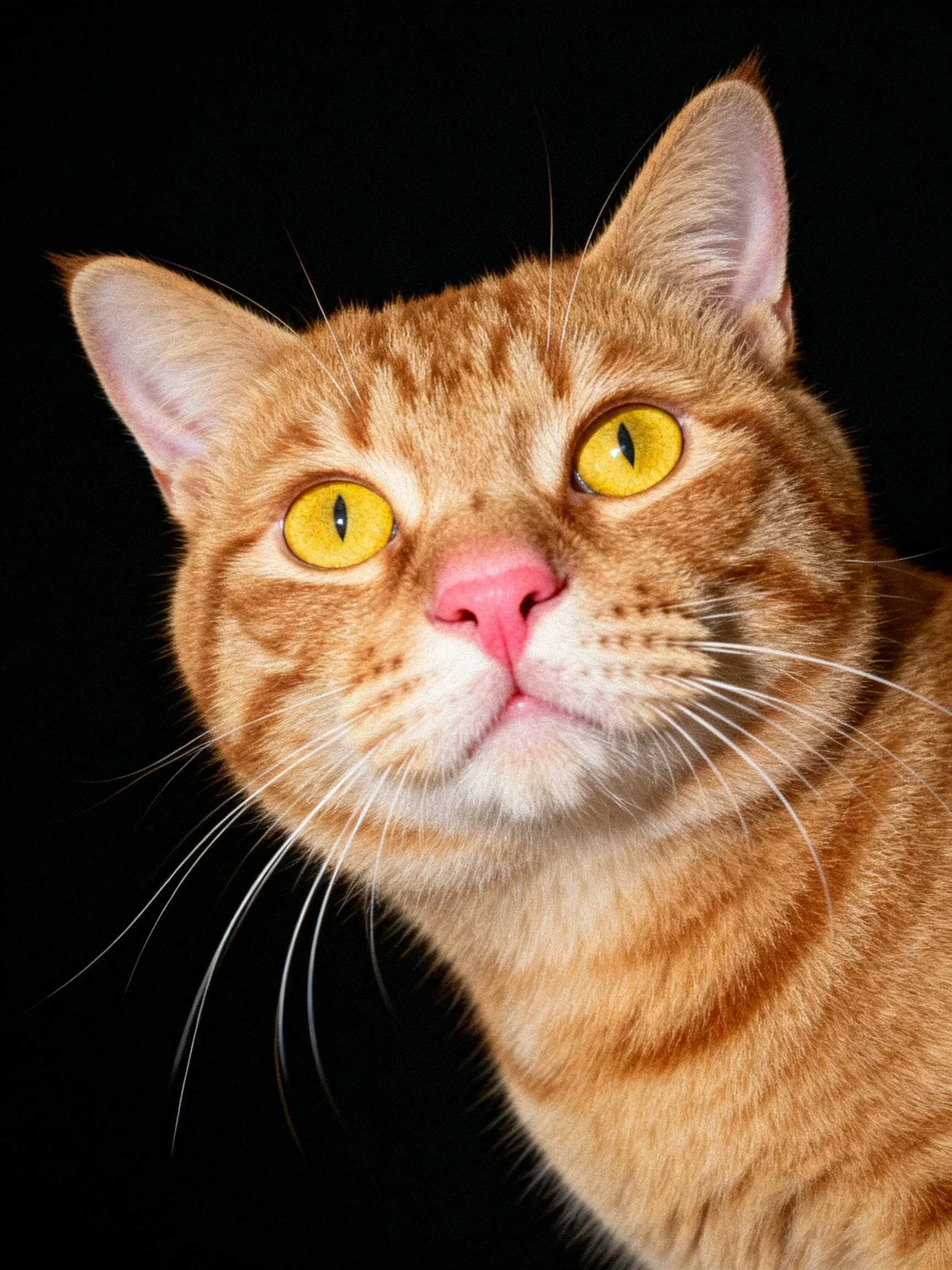 An orange tabby cat with bright yellow eyes is photographed up close.