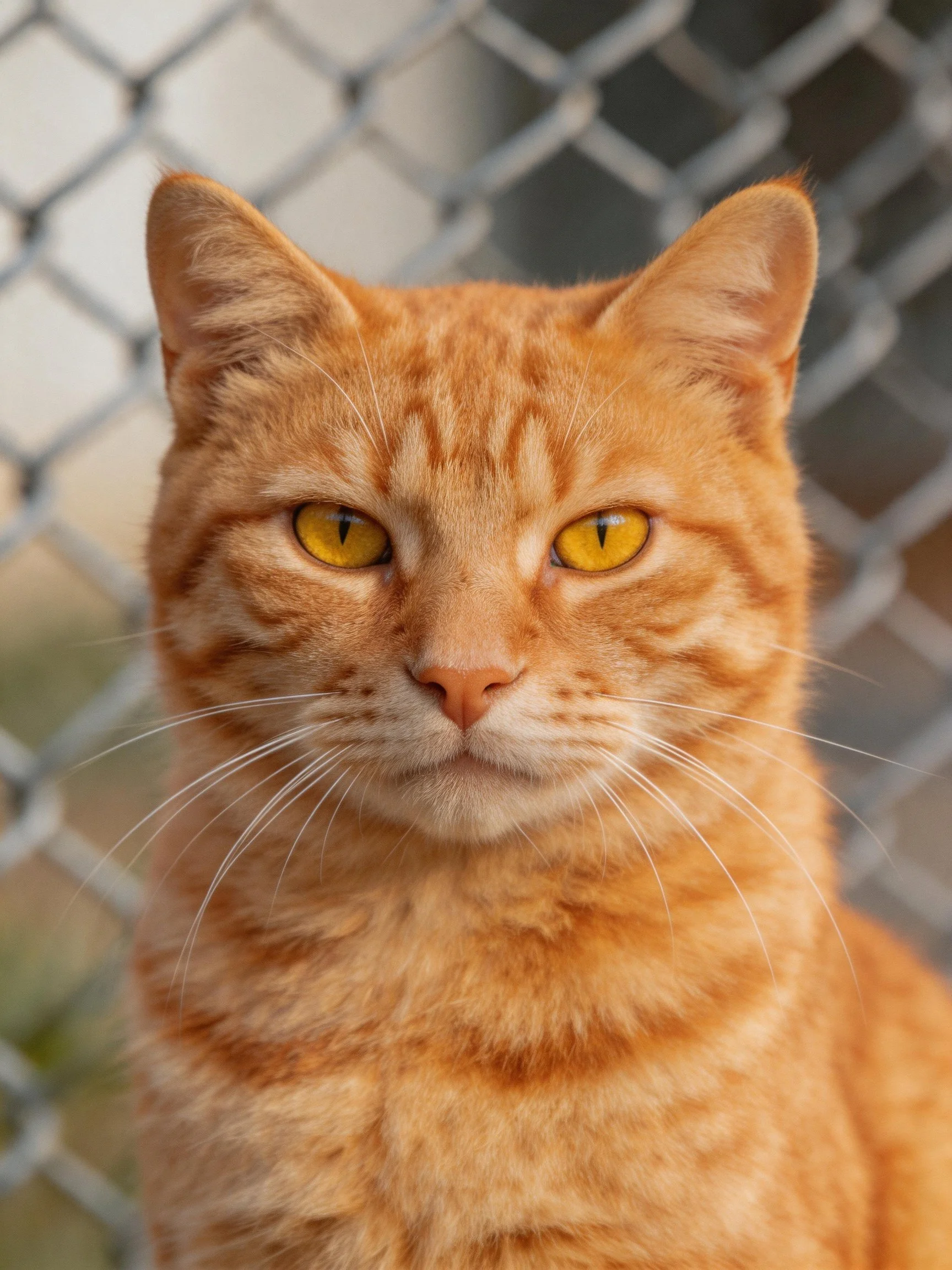 An orange tabby cat with yellow eyes sits near a chain - link fence.