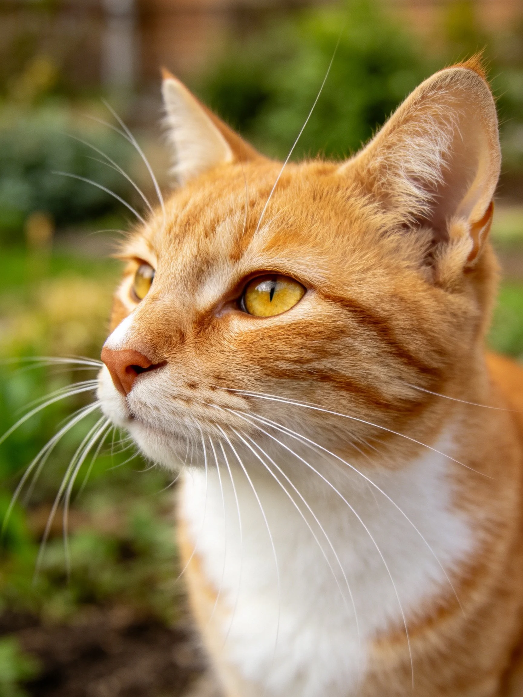 An orange tabby cat gazes thoughtfully outdoors.
