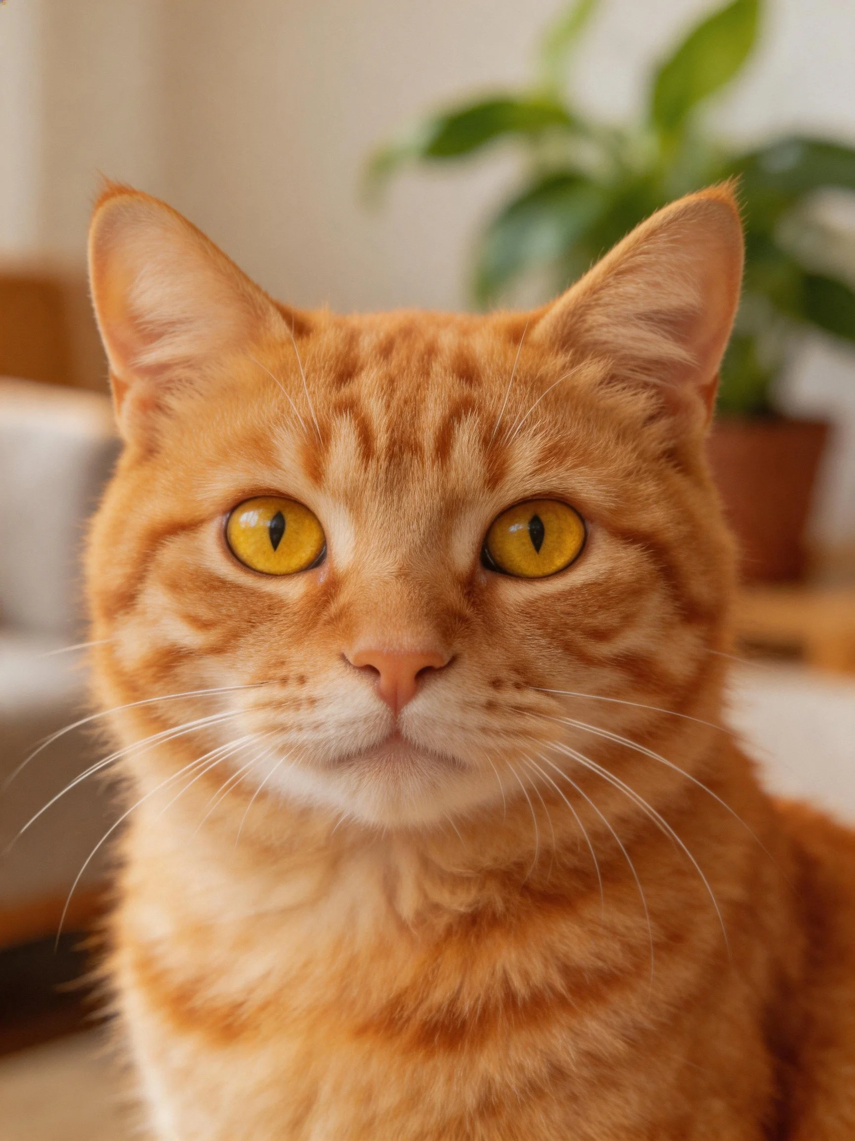 An orange tabby cat with bright yellow eyes is photographed indoors.