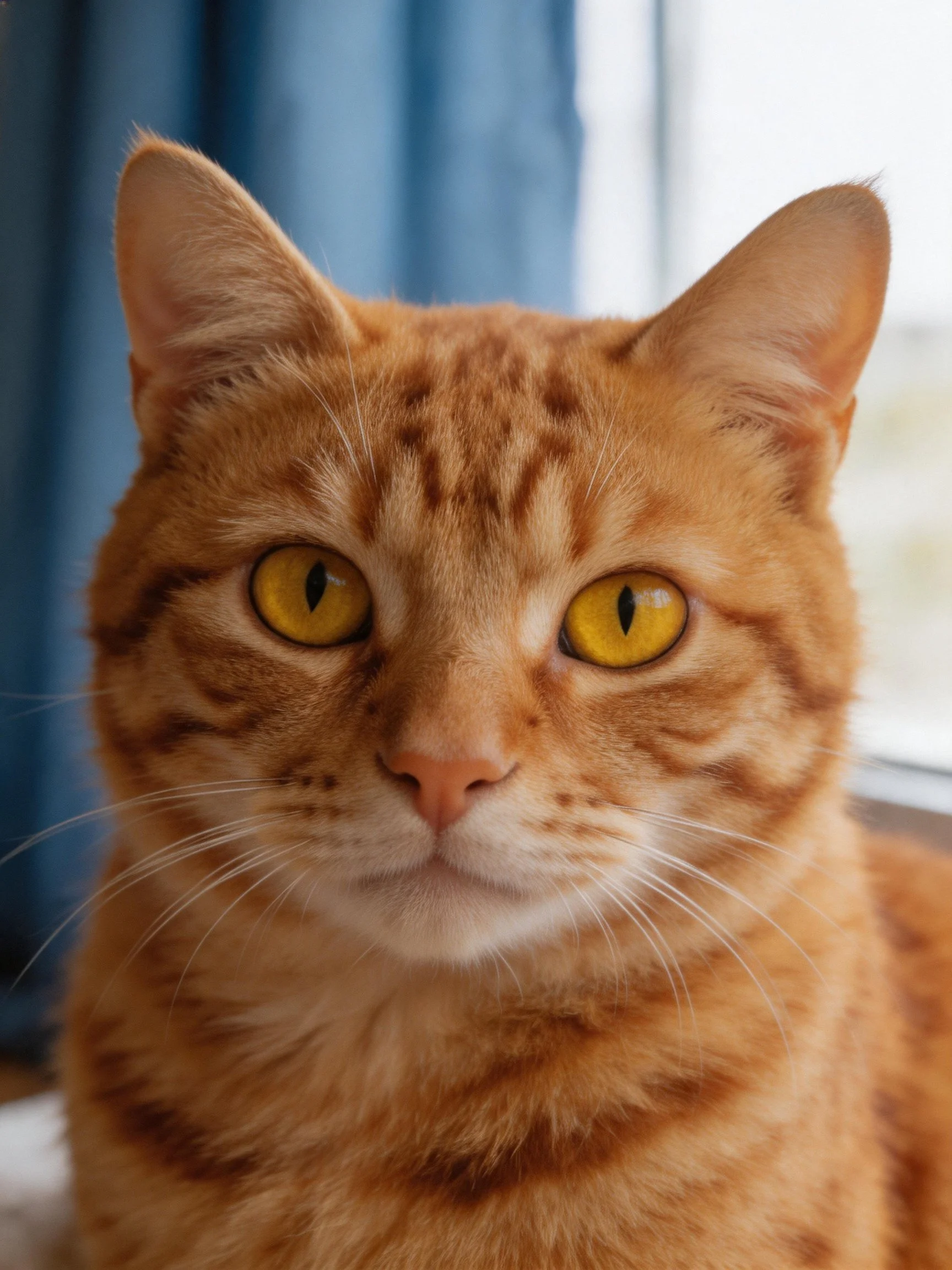 An orange tabby cat with bright yellow eyes is shown up close.