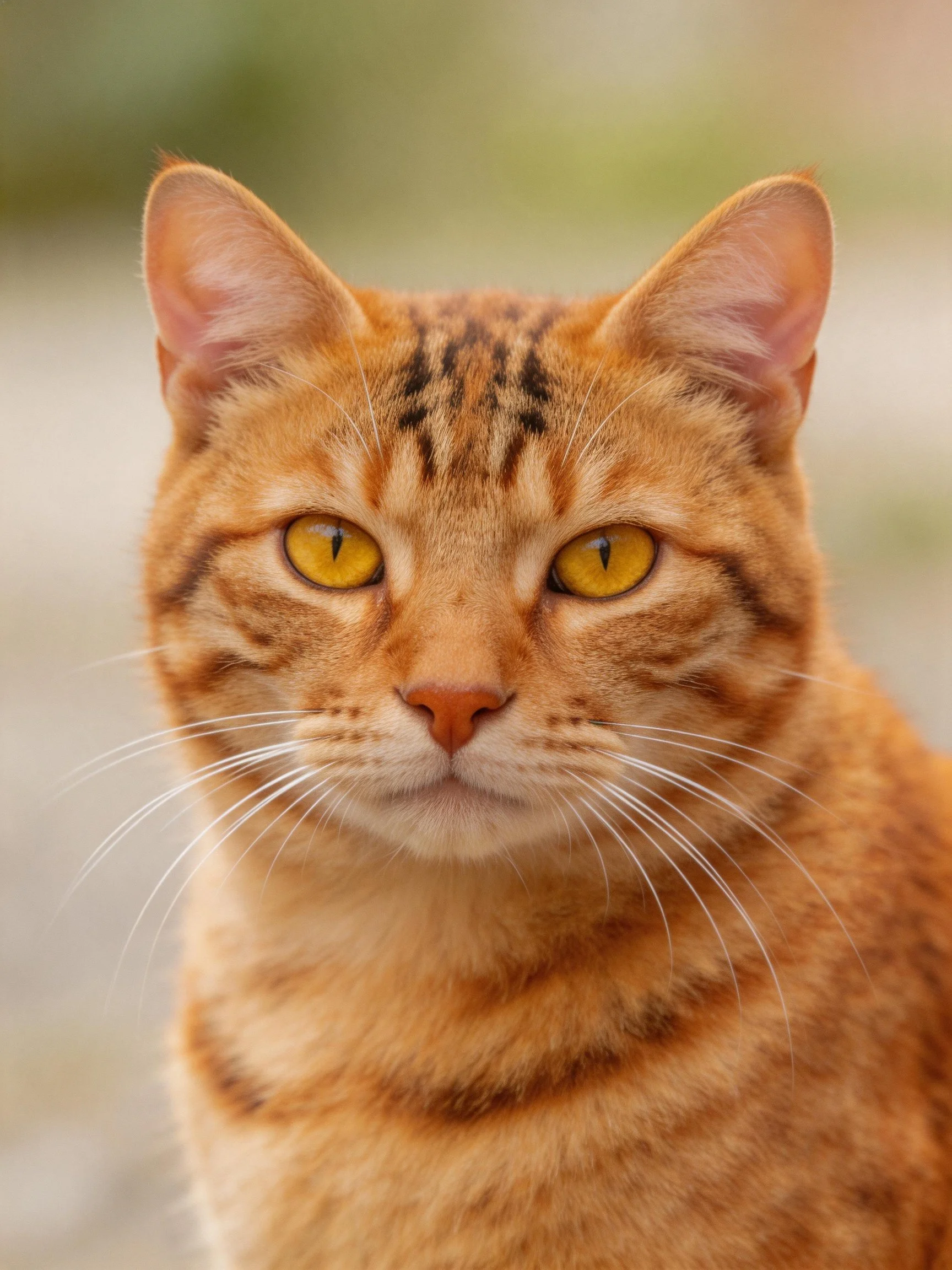 A close - up of an orange tabby cat with bright yellow eyes is shown.