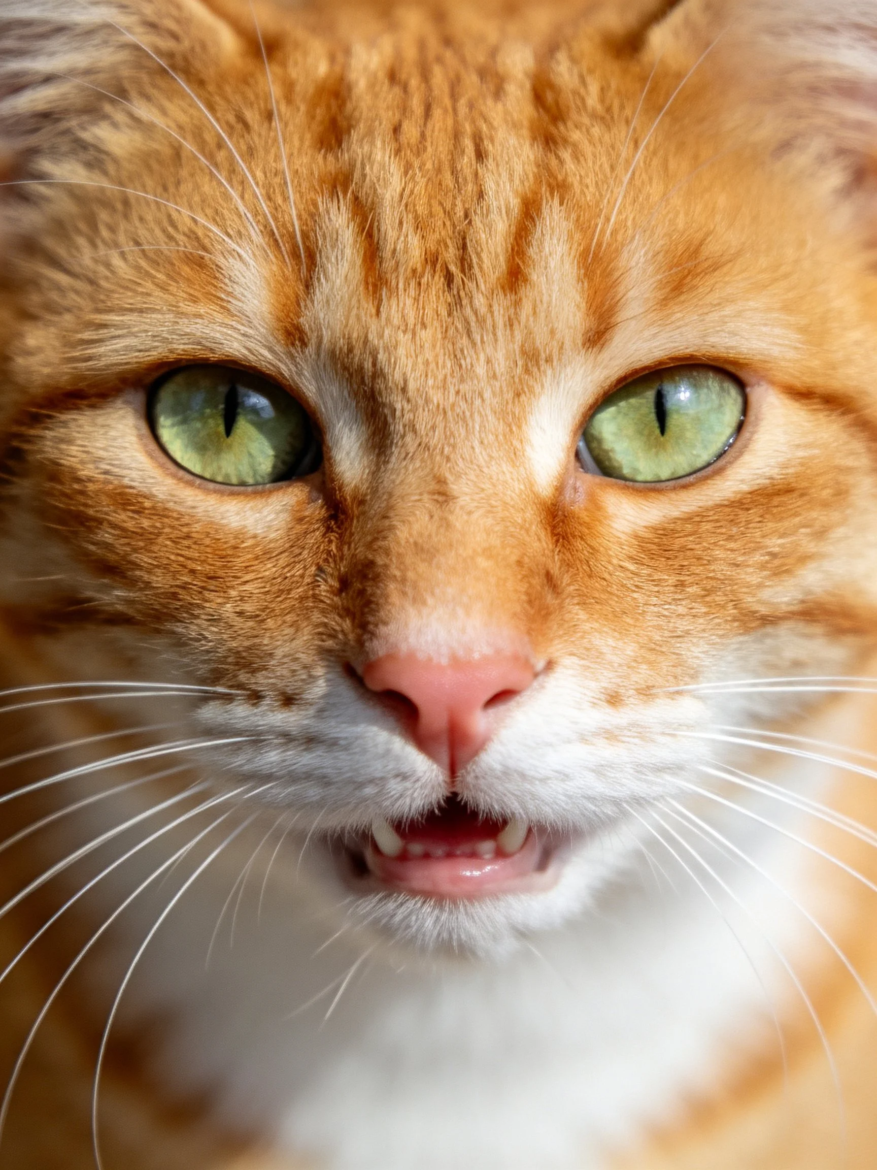 An orange tabby cat with green eyes is captured in a close - up.