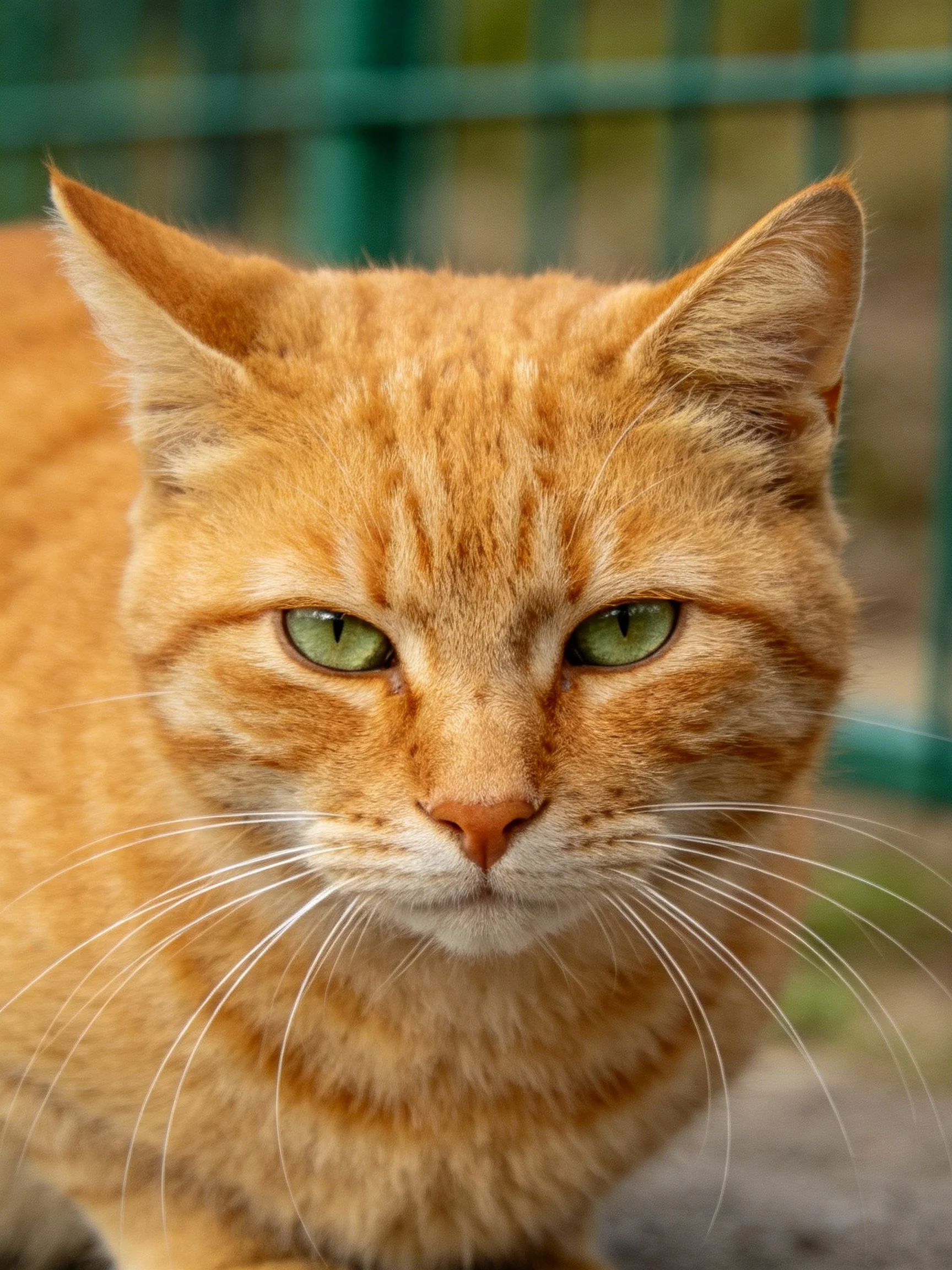 An orange tabby cat with green eyes is shown up close.