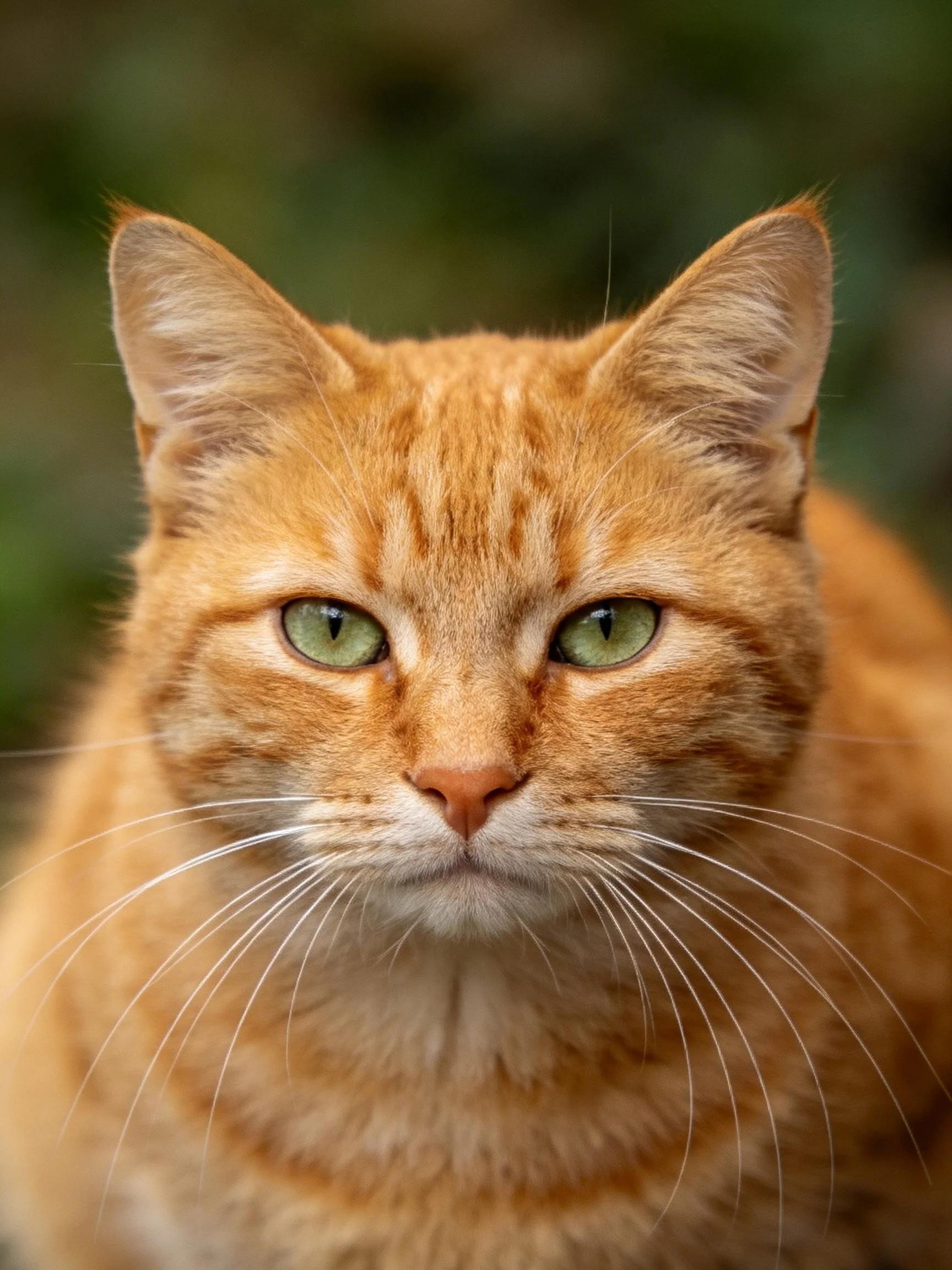 An orange tabby cat with green eyes is depicted in a close - up photograph.