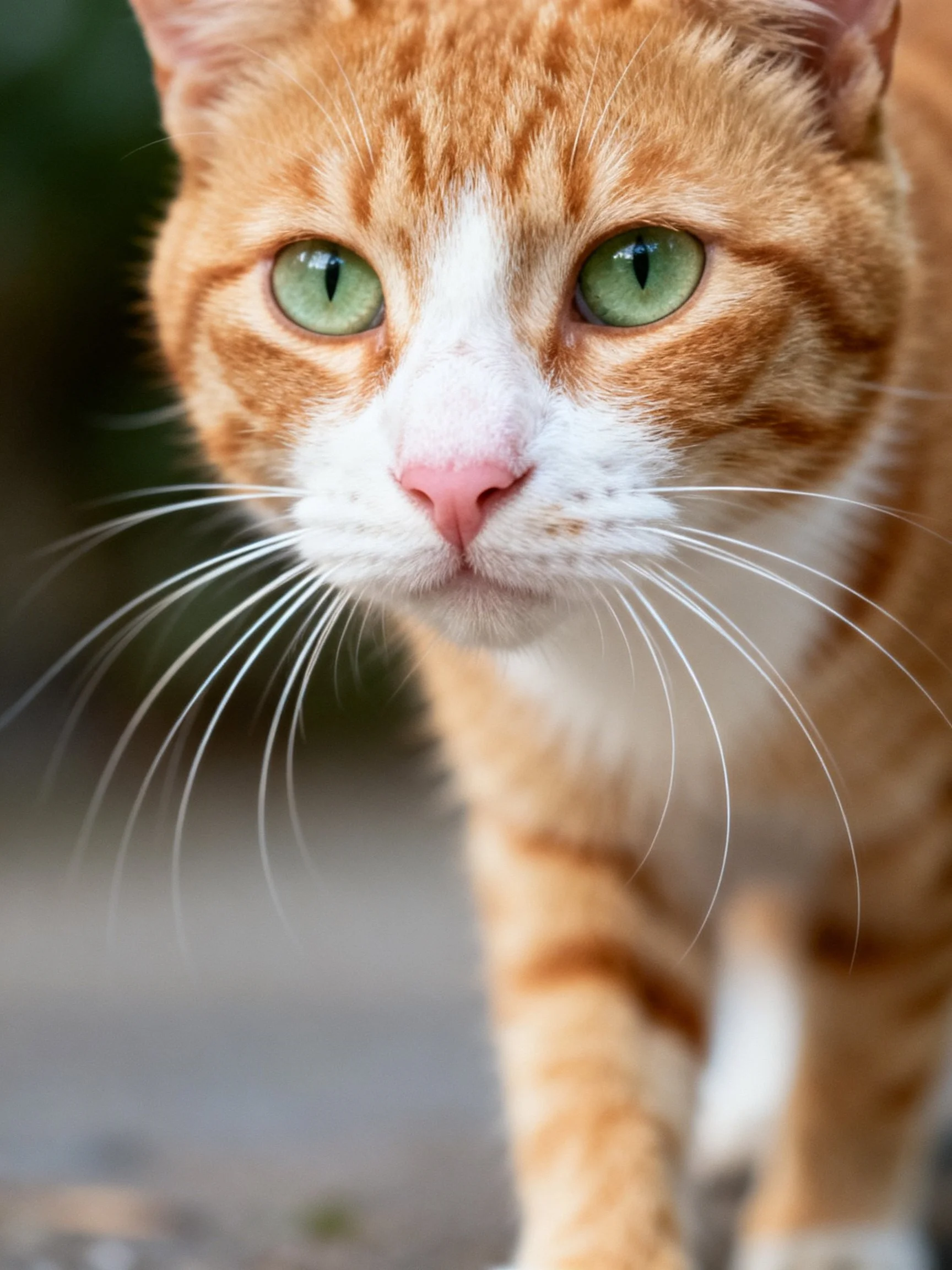 An orange tabby cat with green eyes and white facial markings is shown up close.