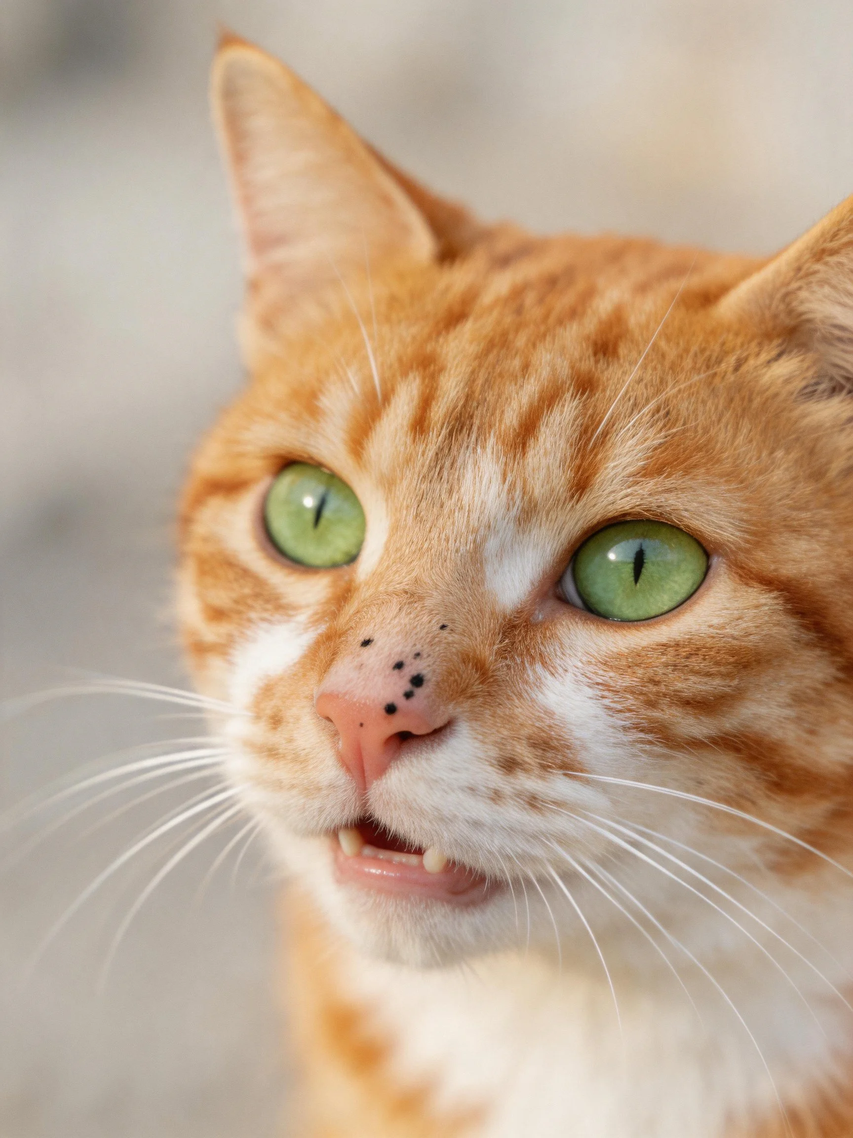 A close - up of an orange tabby cat with green eyes shown in detail.