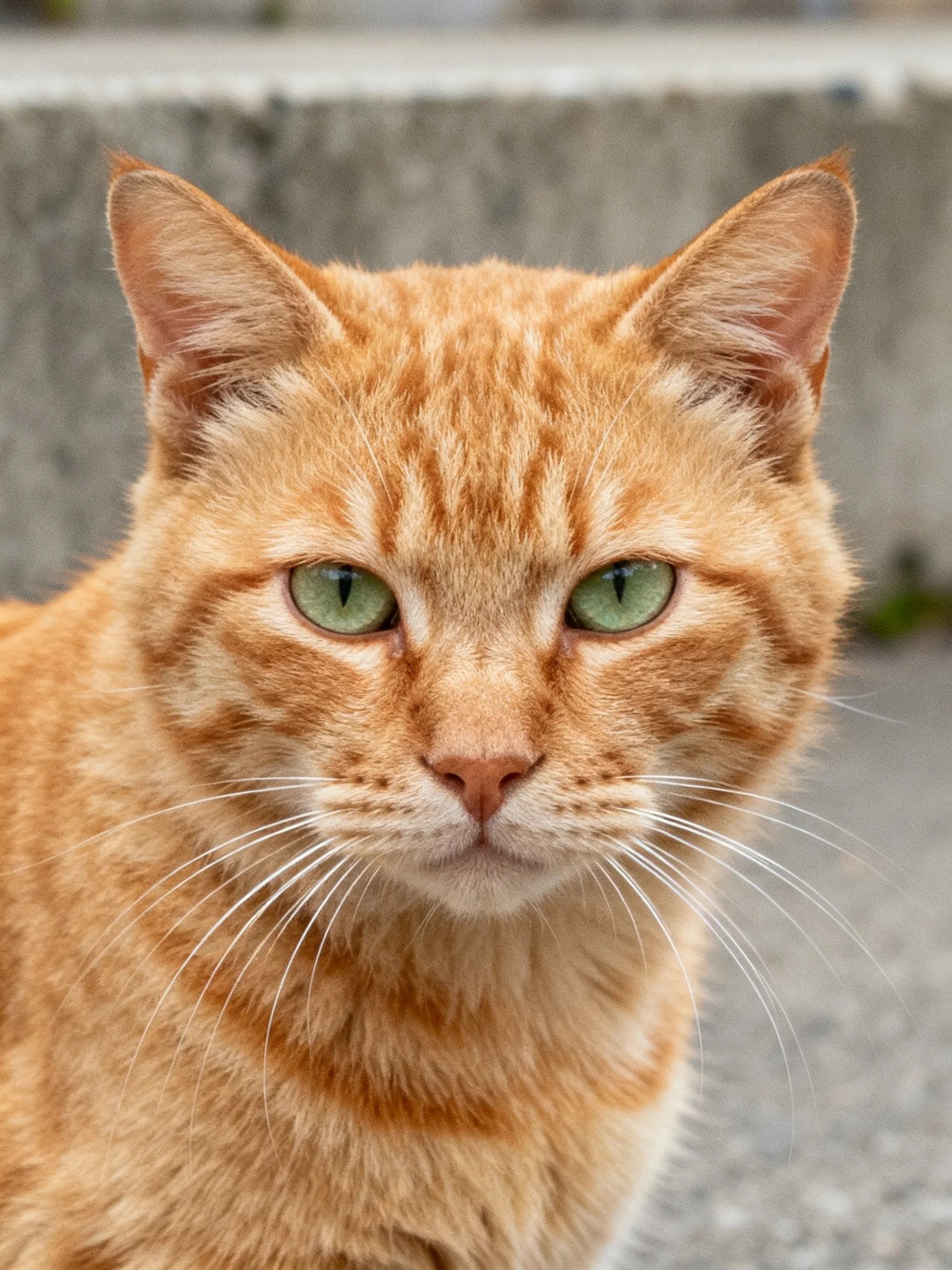 An orange tabby cat with green eyes is captured in a close-up.