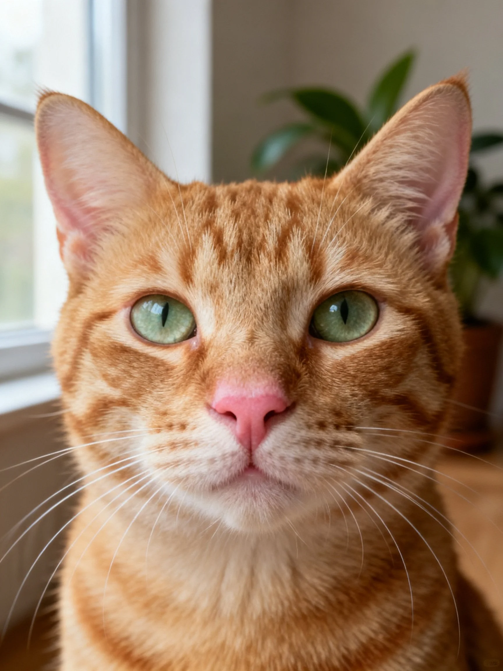 An orange tabby cat with green eyes is shown up close.