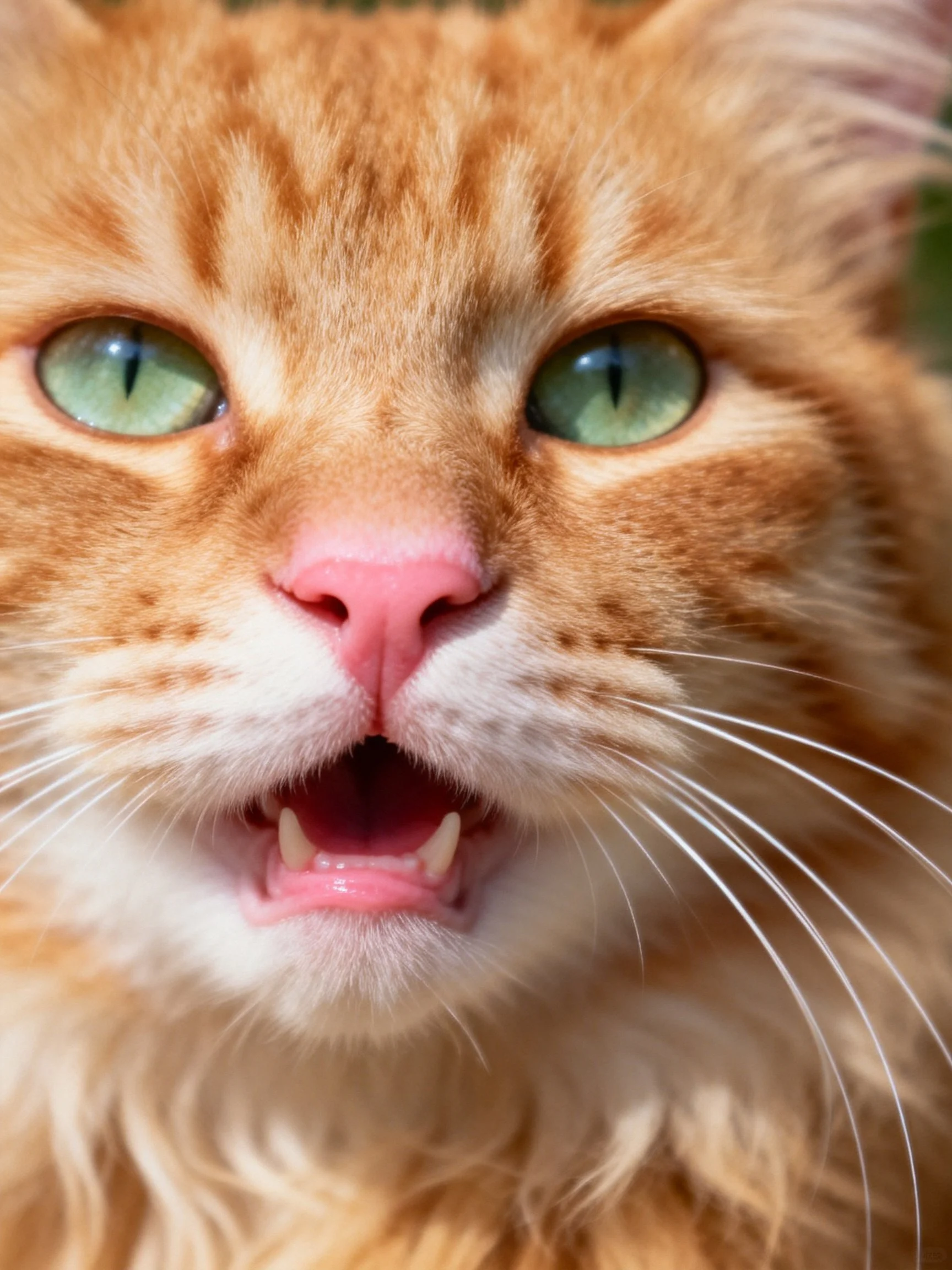 A close - up shows an orange tabby cat with bright green eyes.