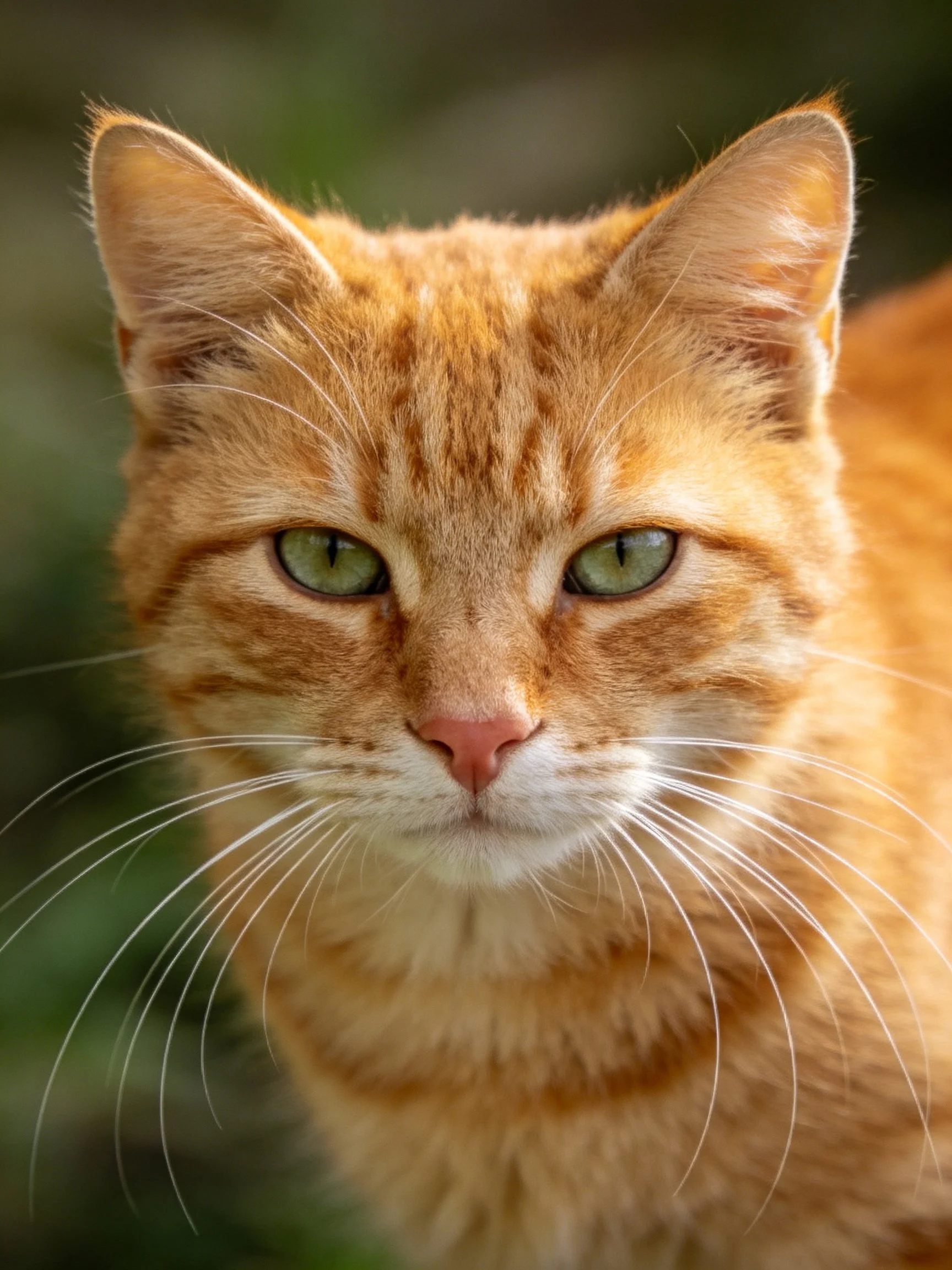 An orange tabby cat with green eyes is photographed in a close - up view.