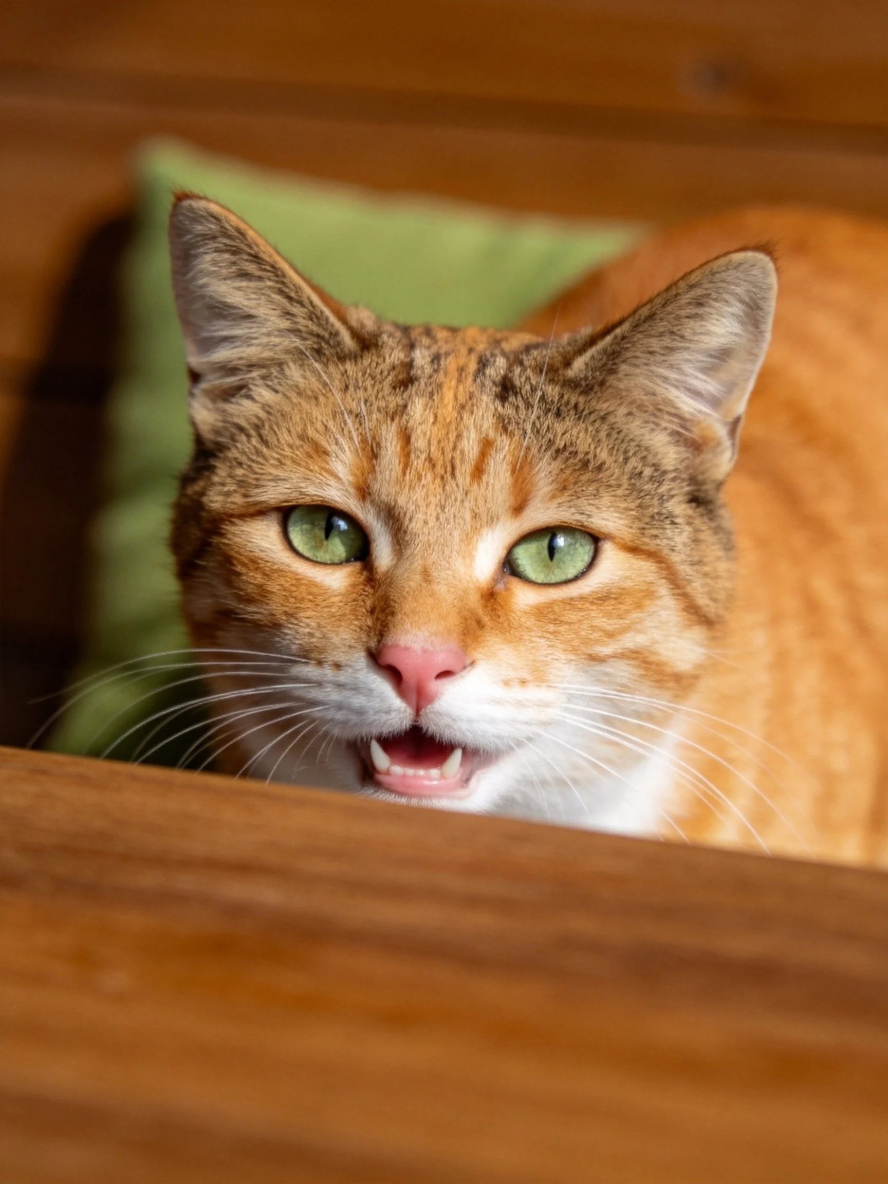 An orange tabby cat with green eyes is near wooden furniture