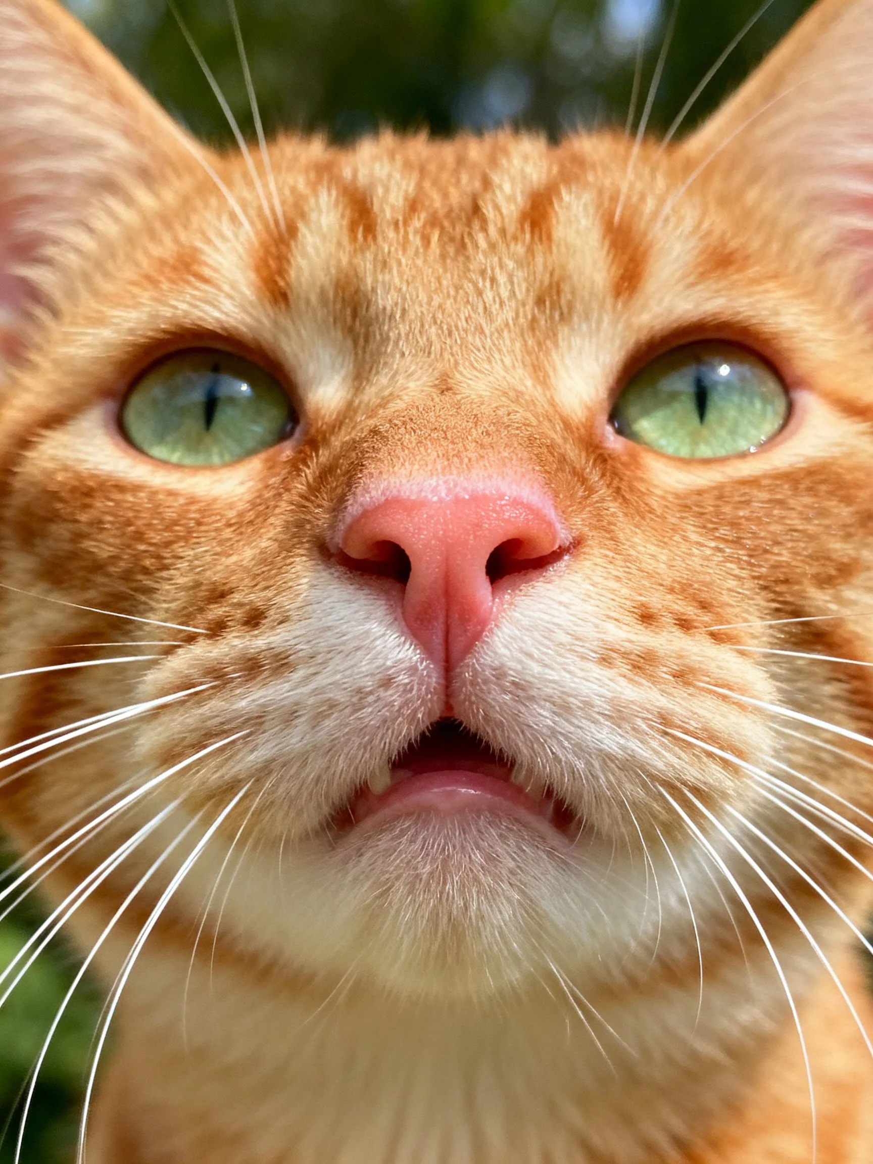 Close - up view of an orange tabby cat with green eyes in natural light
