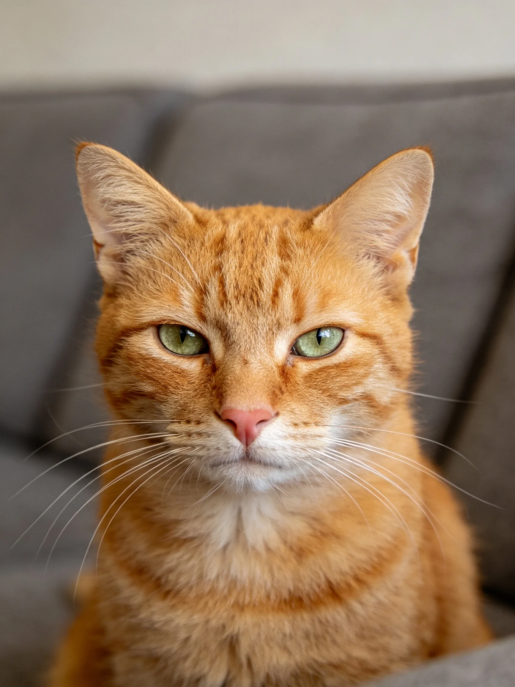 An orange tabby cat with green eyes sits calmly on a gray couch.