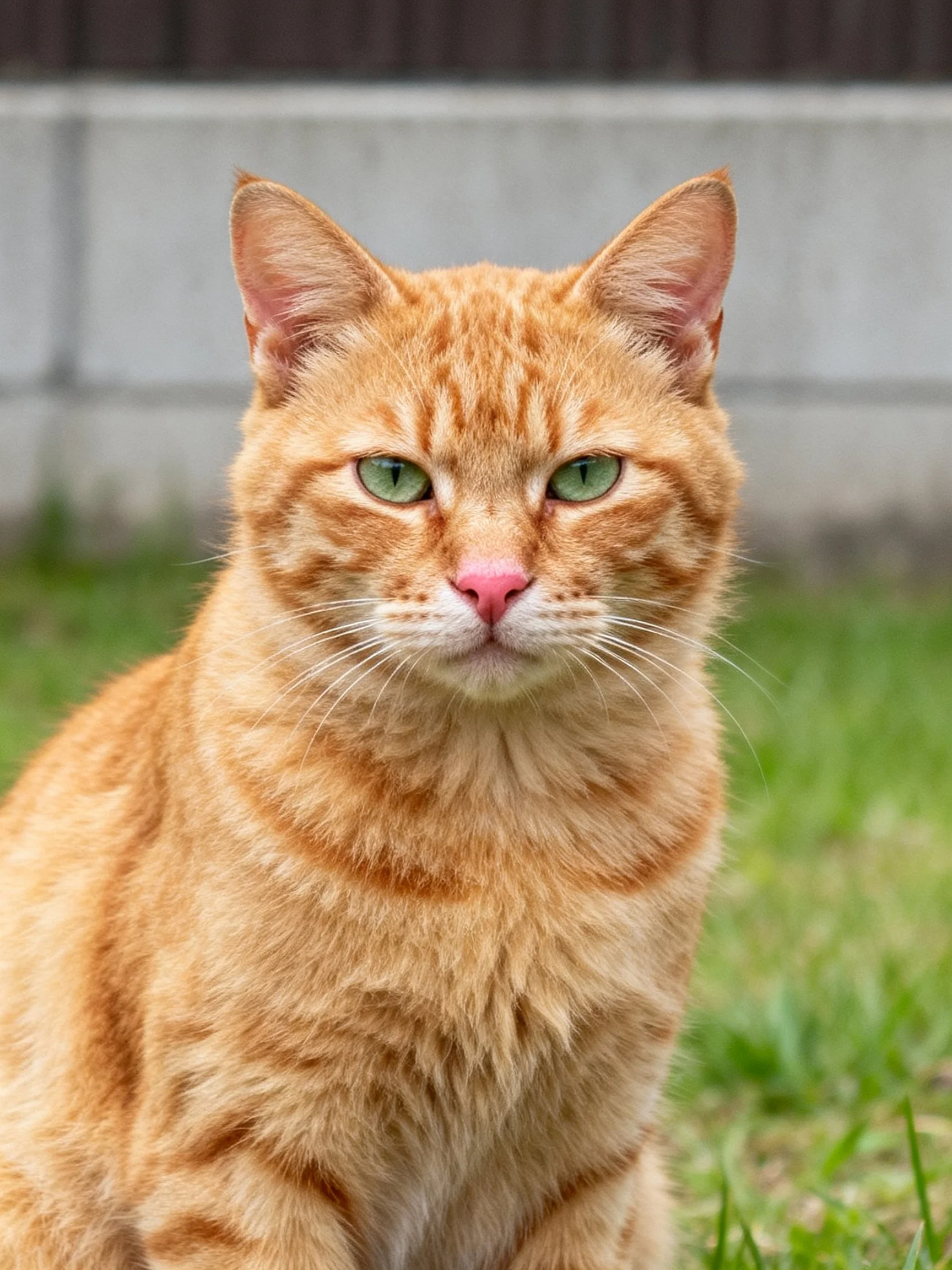 An orange tabby cat with green eyes sits outdoors near grass and a structure