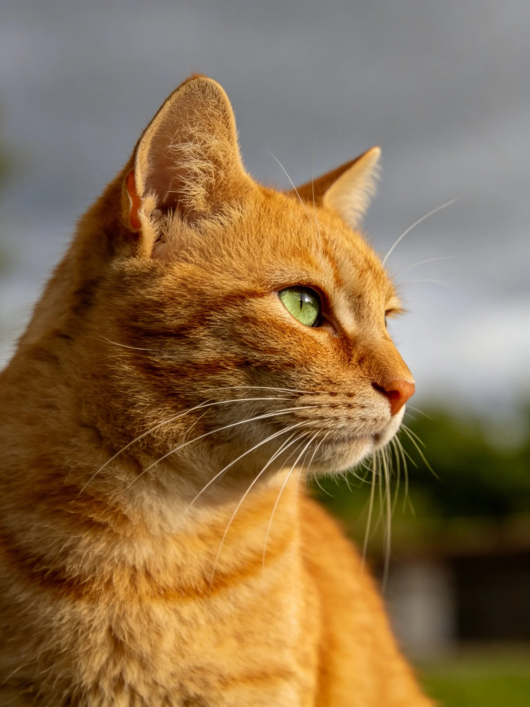 An orange tabby cat with green eyes is shown in a side profile.