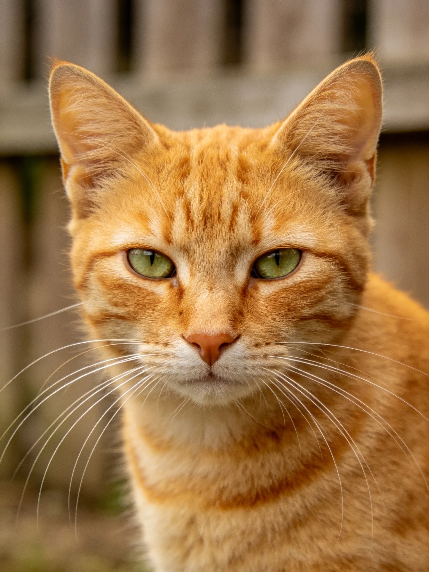 A single orange tabby cat with green eyes is photographed closely.