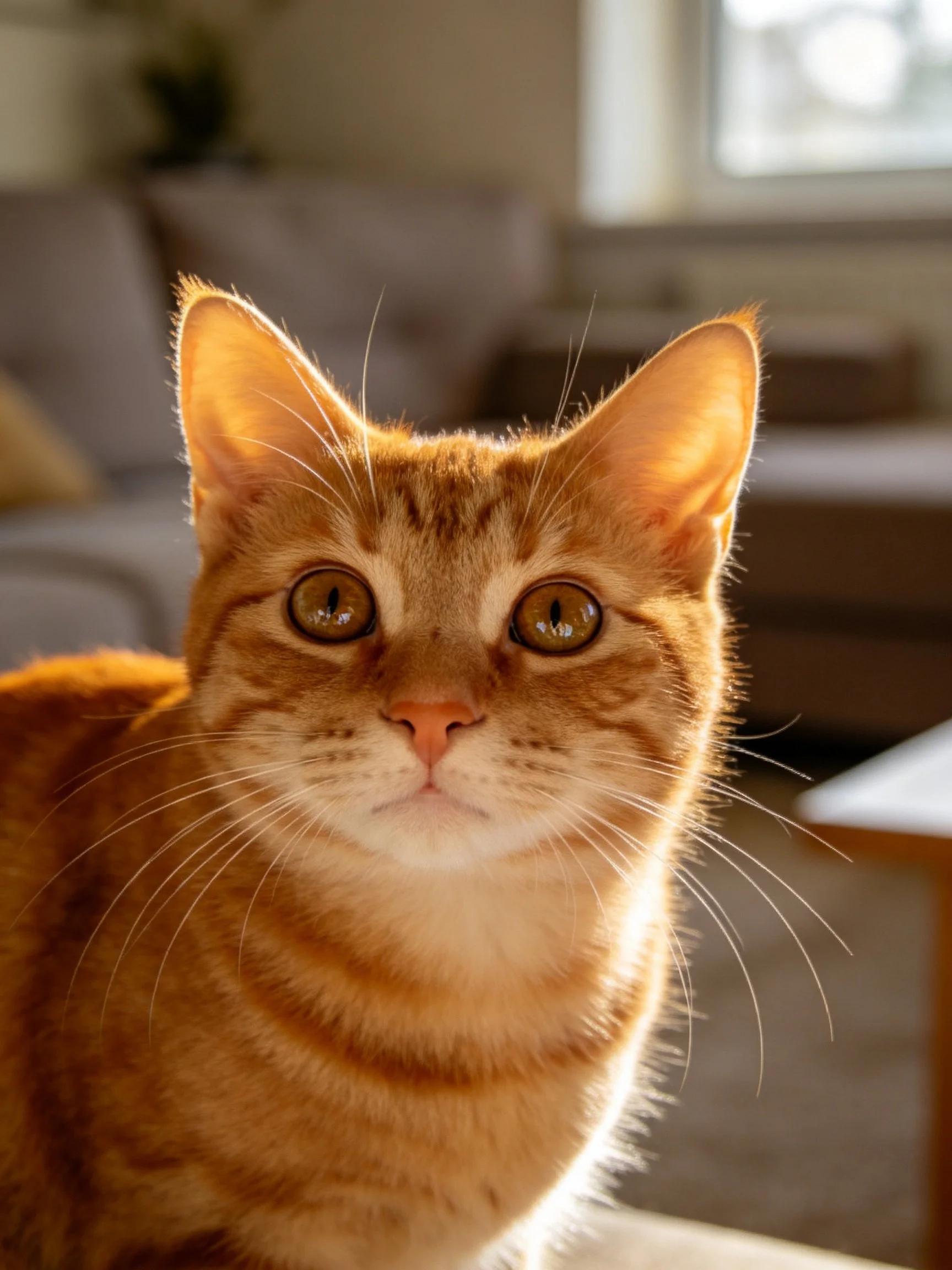 An orange tabby cat gazes directly at the camera in a sunlit interior space.