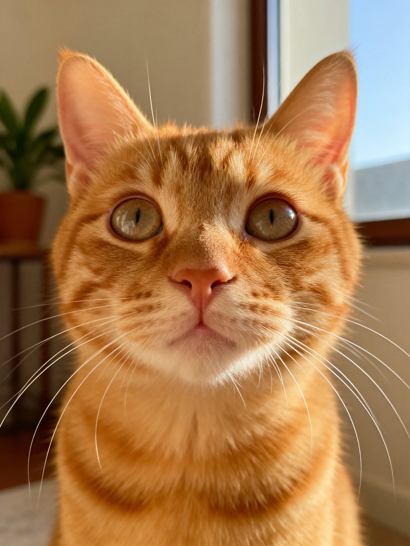 An orange tabby cat gazes directly into the camera with wide green eyes.