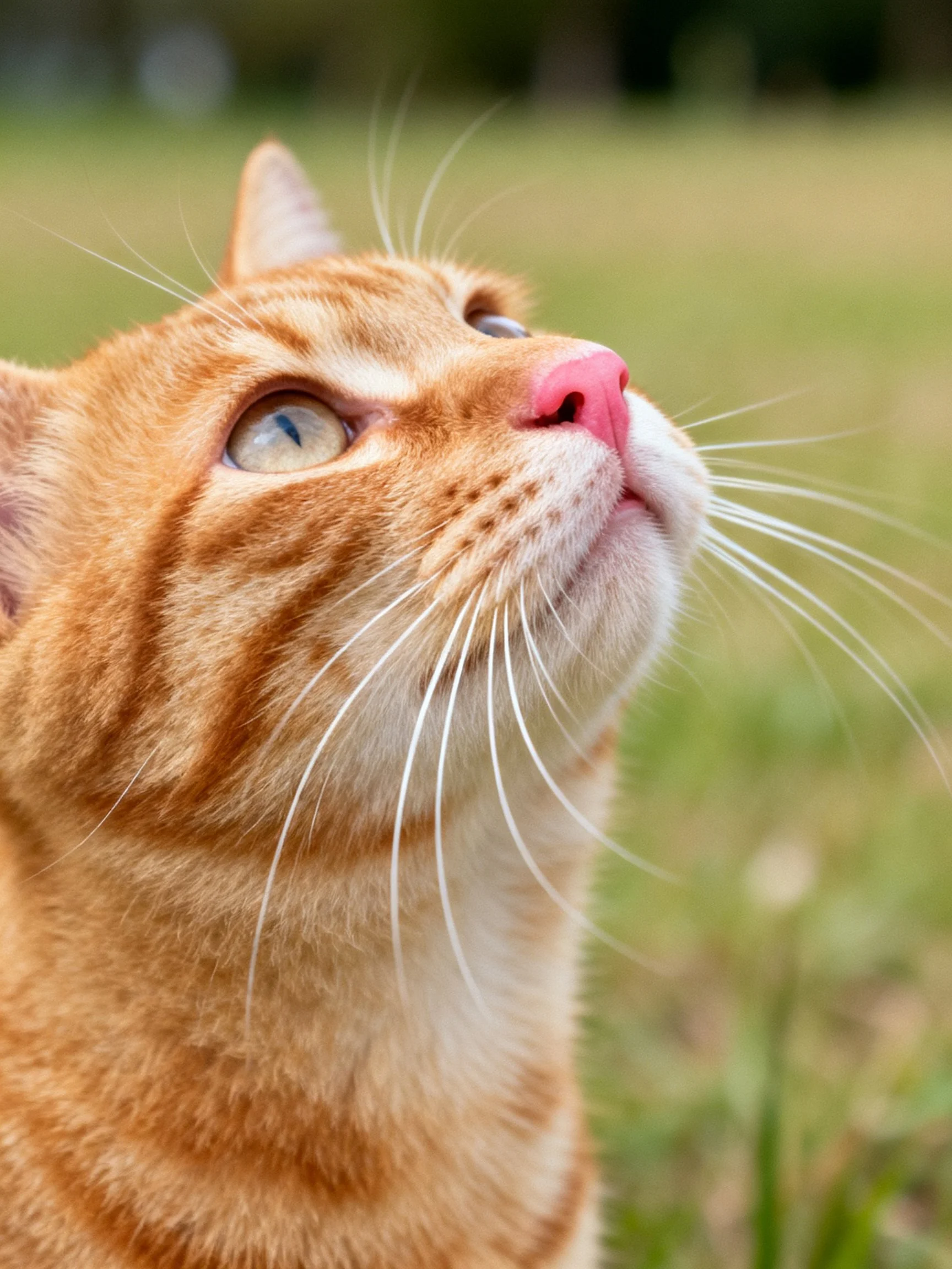 A close - up of an orange tabby cat gazes upward in an outdoor setting.