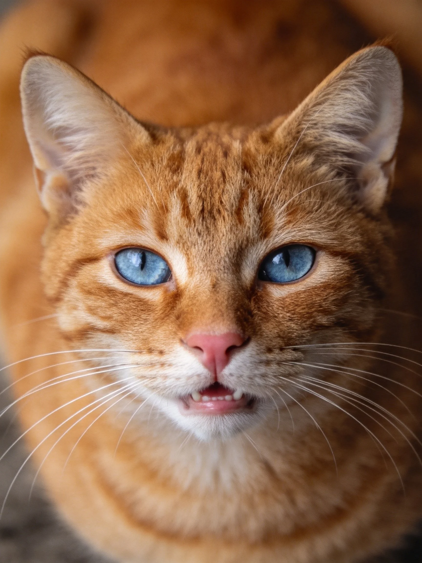 An orange tabby cat with blue eyes is shown in a close - up photograph.