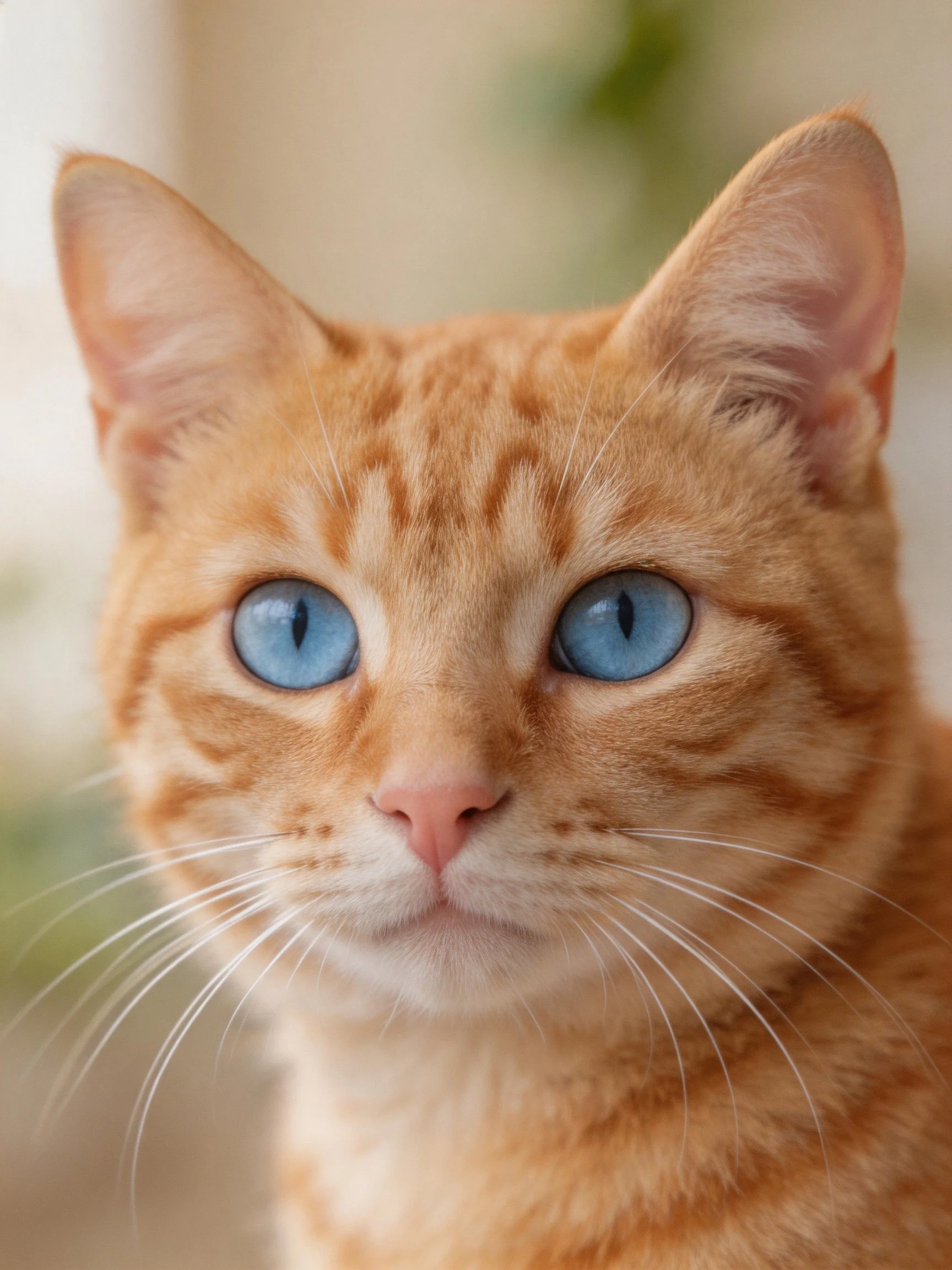 An orange tabby cat with bright blue eyes is shown in a close - up photograph.