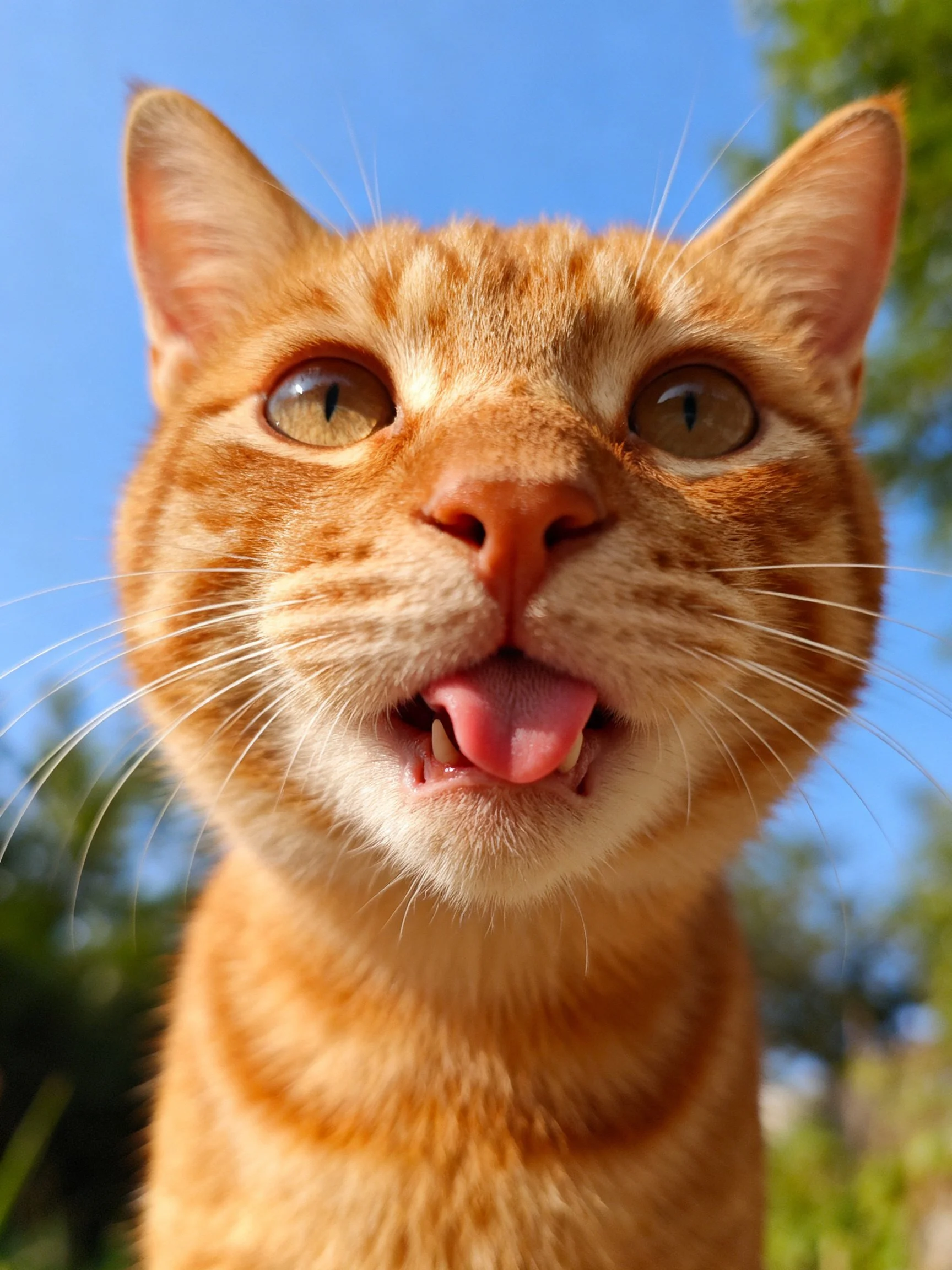 An orange tabby cat sticks out its tongue in an outdoor setting.