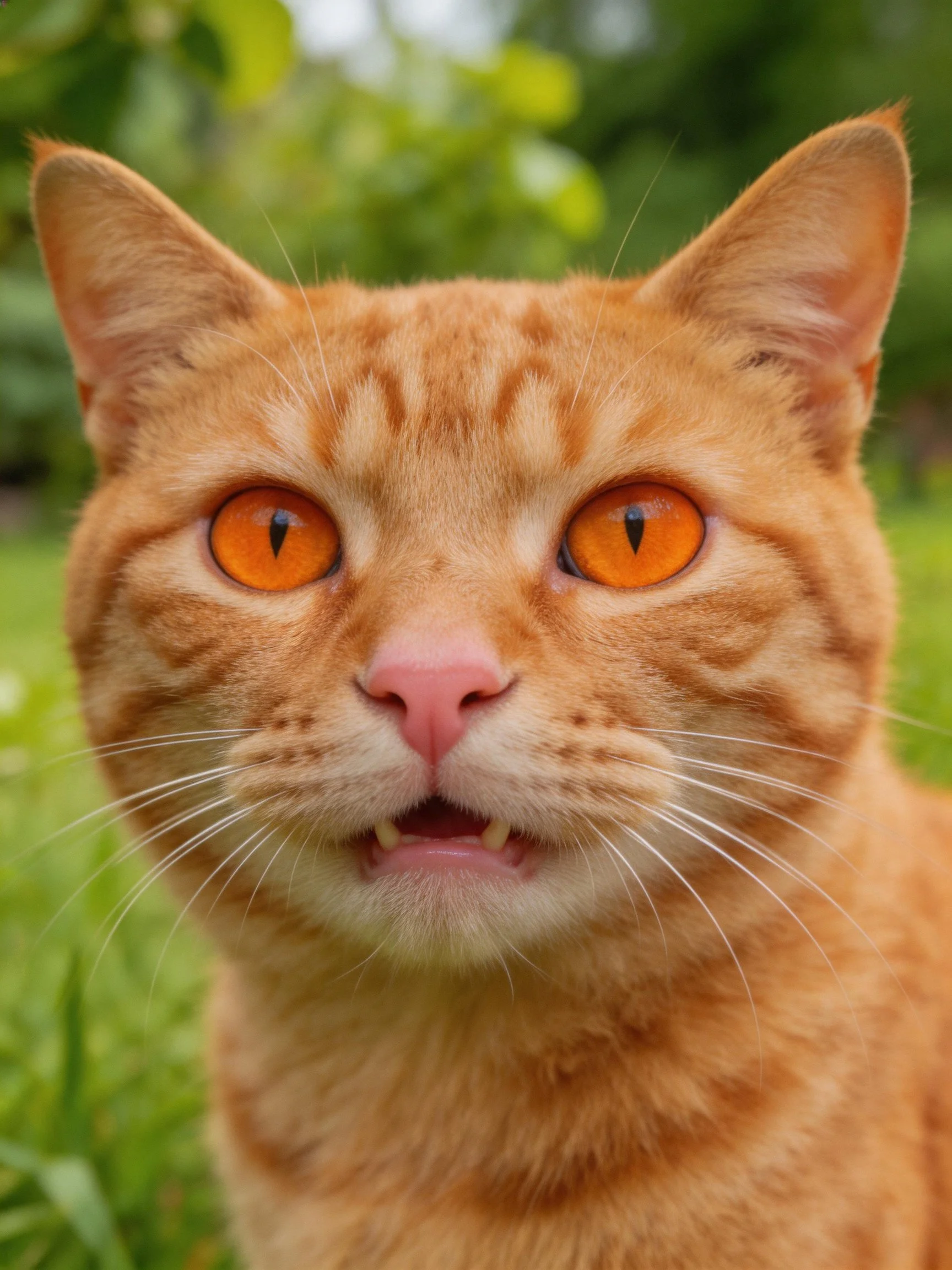 An orange tabby cat with bright amber eyes is photographed outdoors.