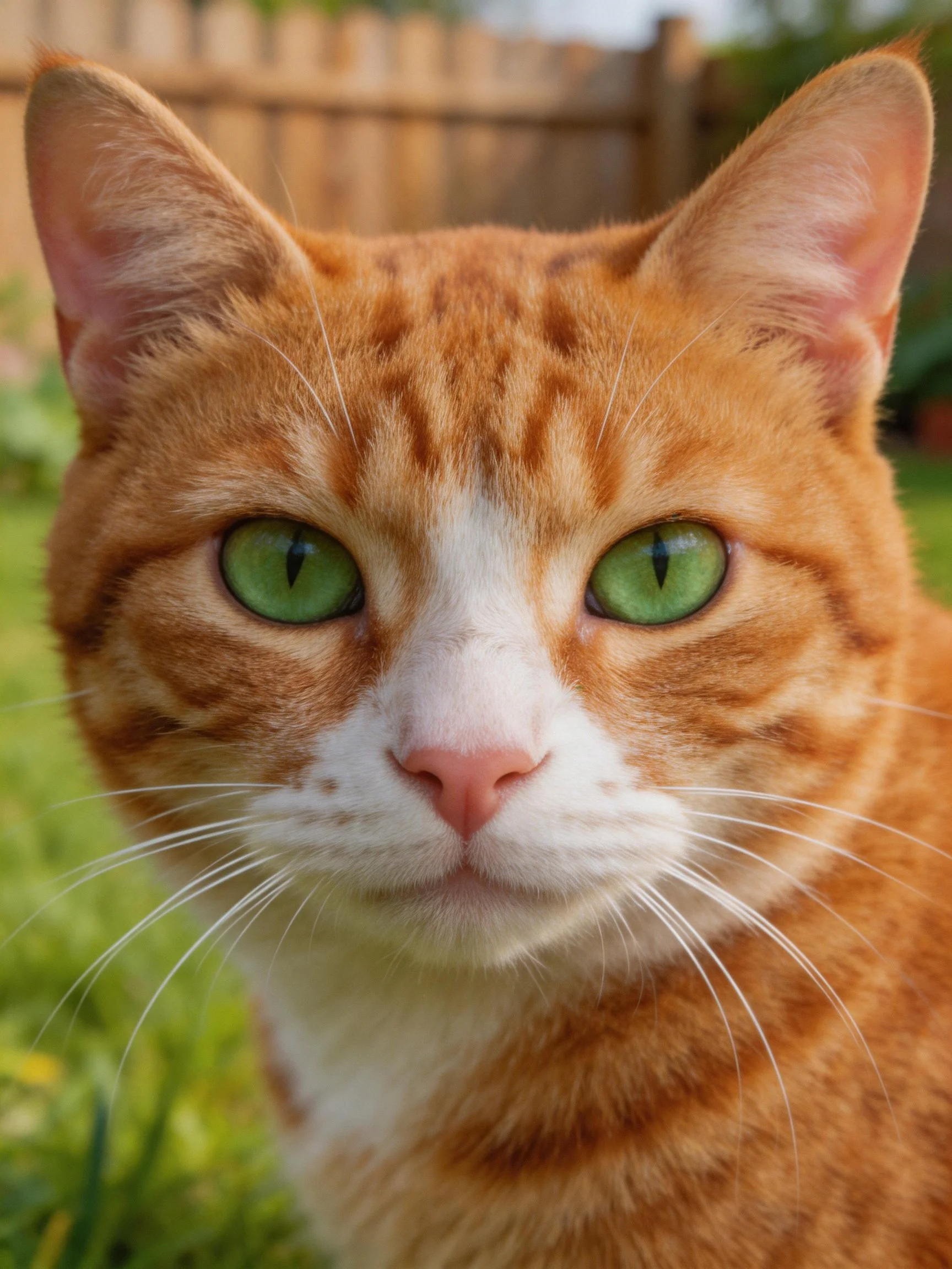 An orange tabby cat with green eyes is photographed closely in a garden.