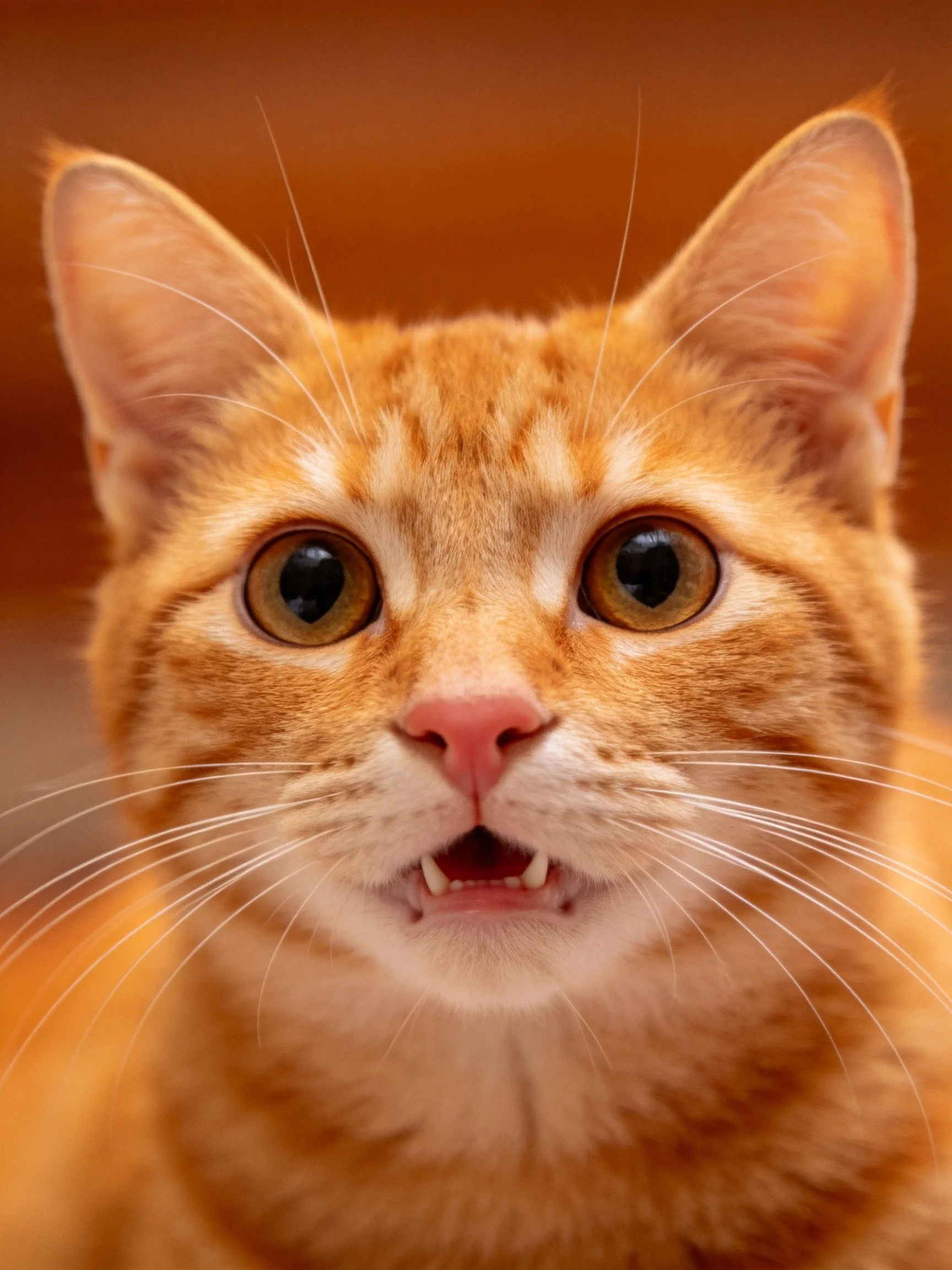 A close-up shows an orange tabby cat with wide eyes.