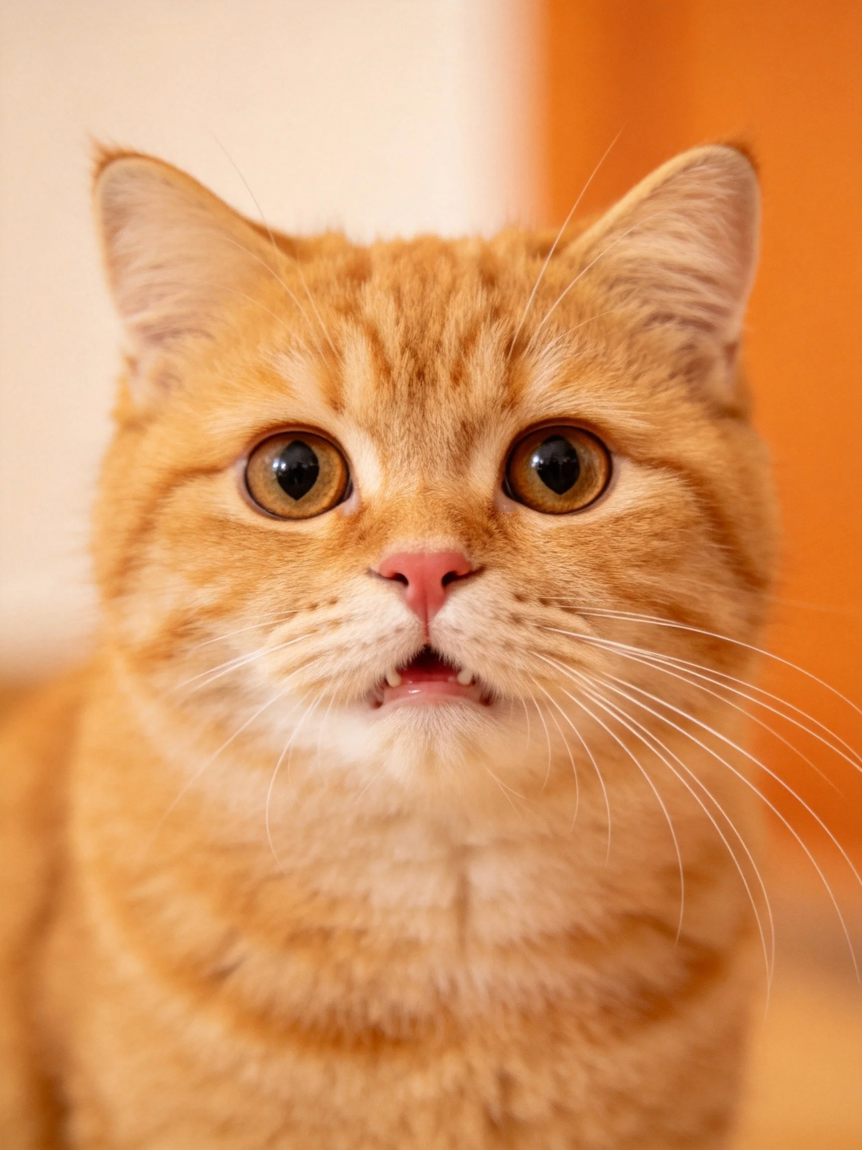 An orange tabby cat gazes directly at the camera with wide eyes