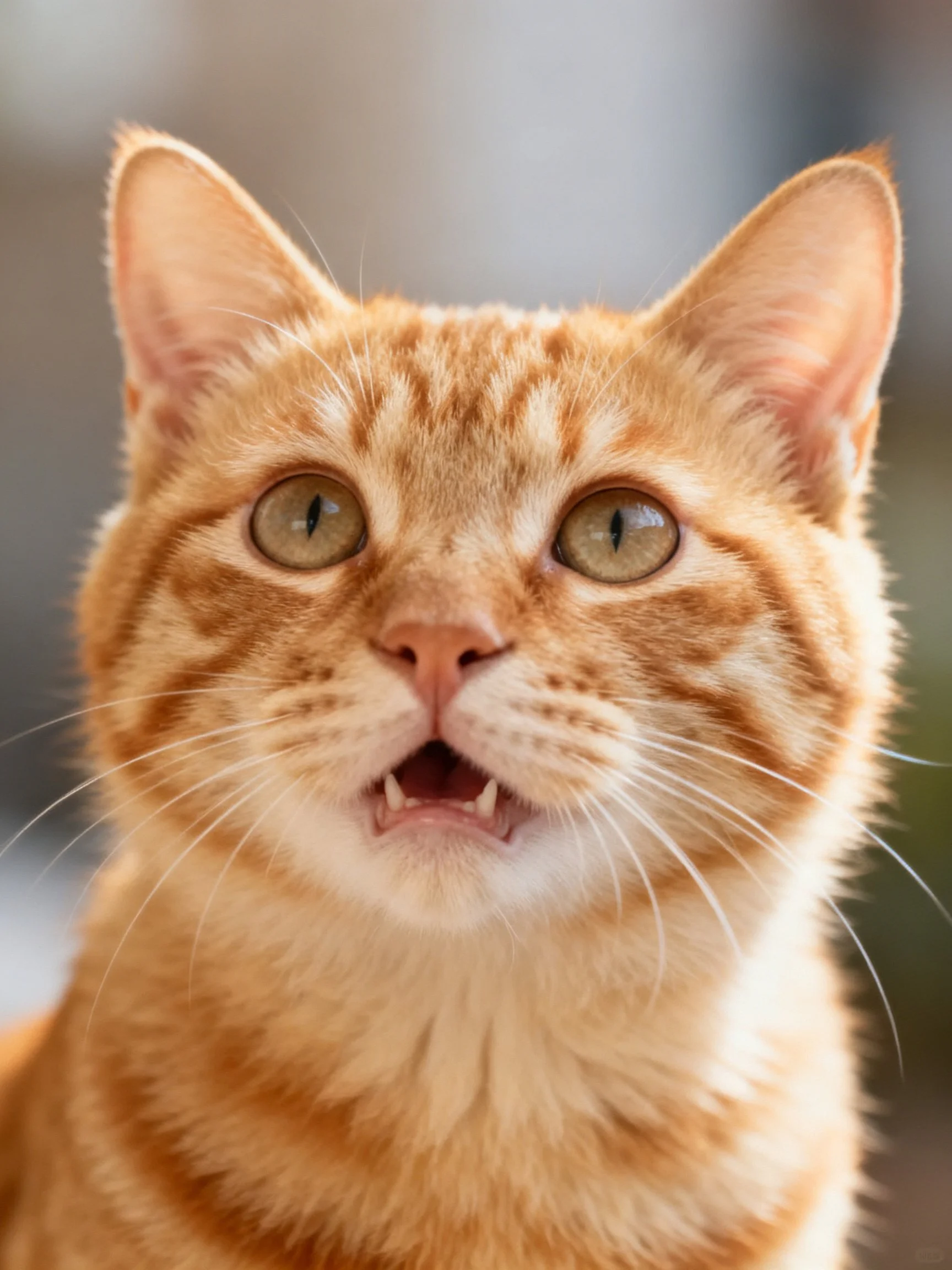 An orange tabby cat with wide eyes and an open mouth is photographed closely.