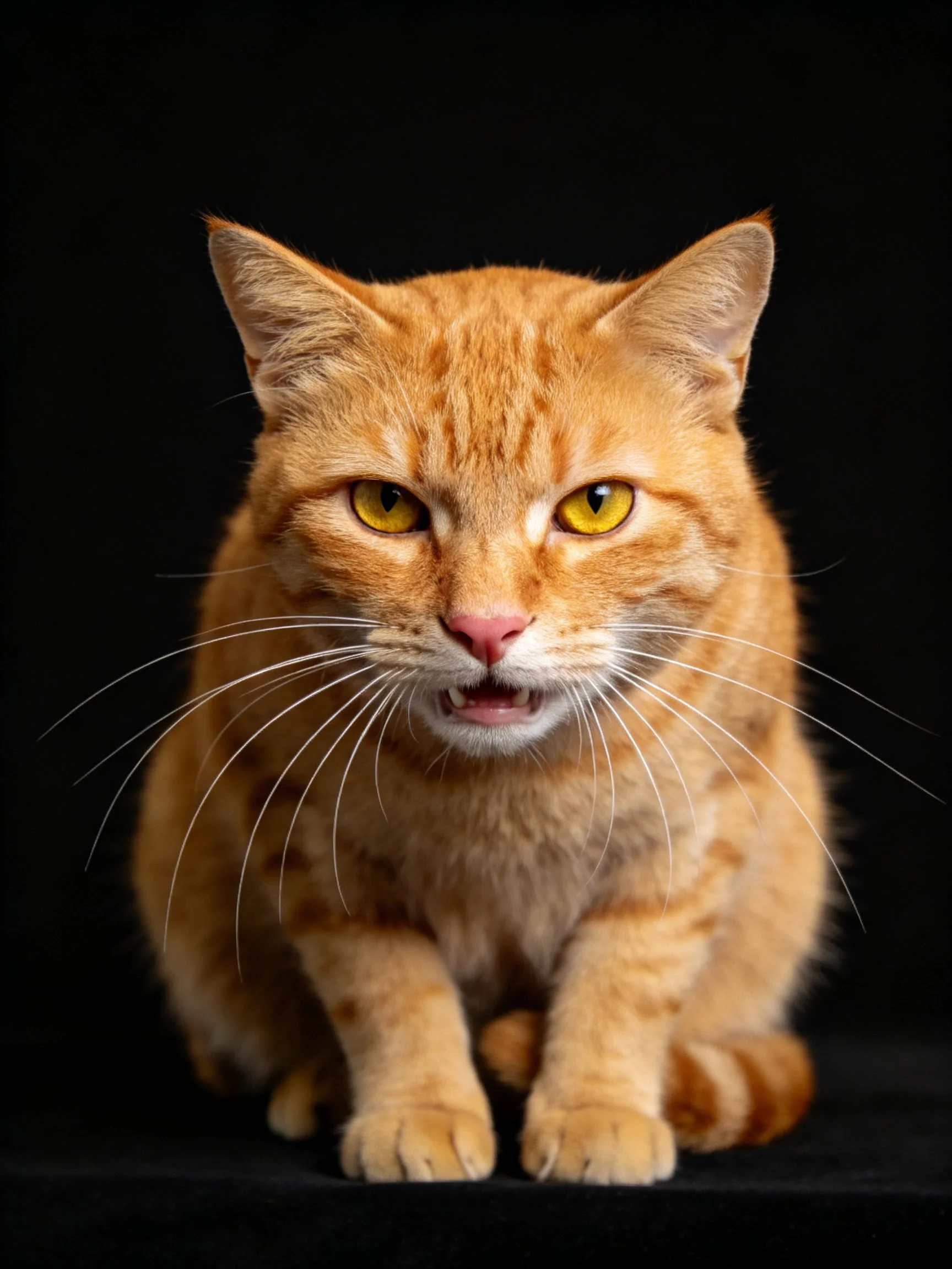 An orange tabby cat with yellow eyes is positioned closely against a black background.