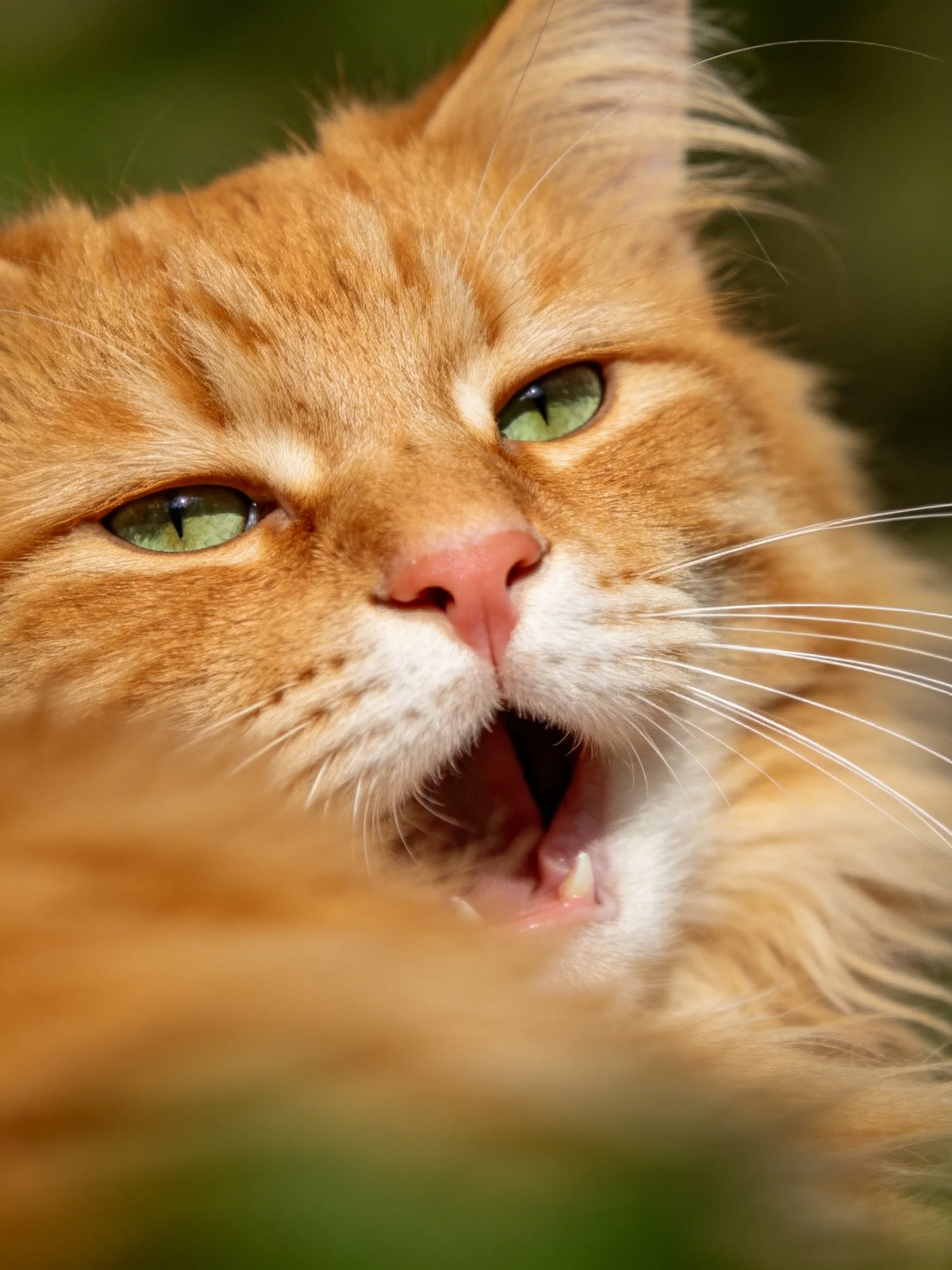 A close - up of an orange tabby cat yawning with green eyes