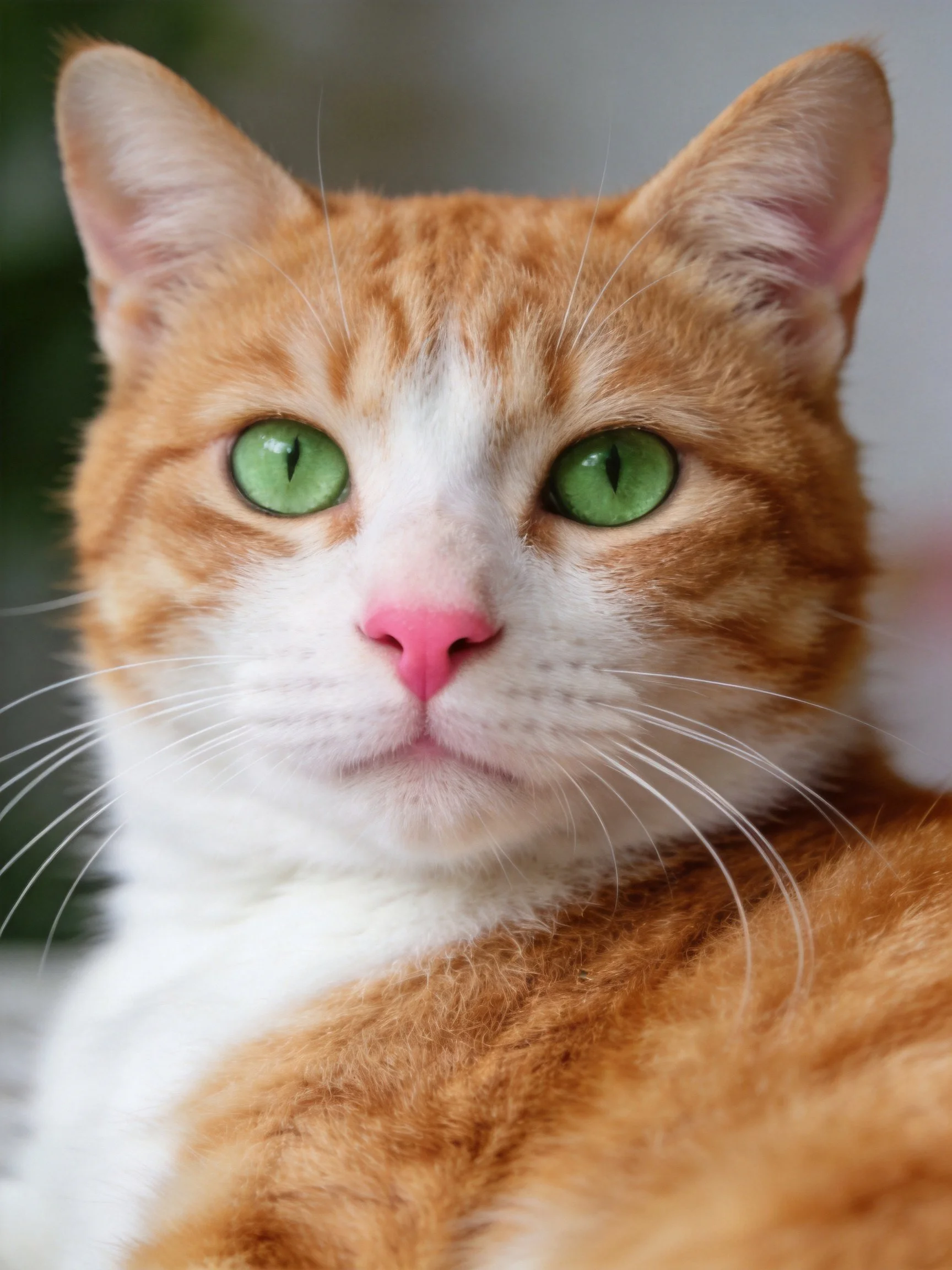 An orange - white cat with bright green eyes is shown in a close - up.
