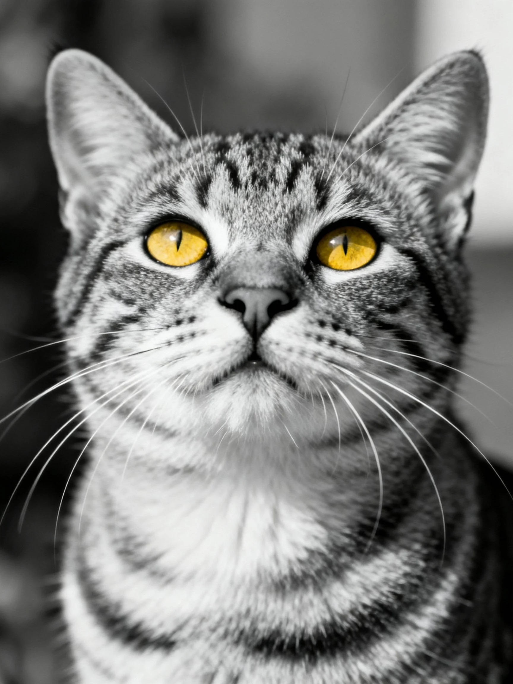 A tabby cat with bright yellow eyes is featured in a monochrome photograph.