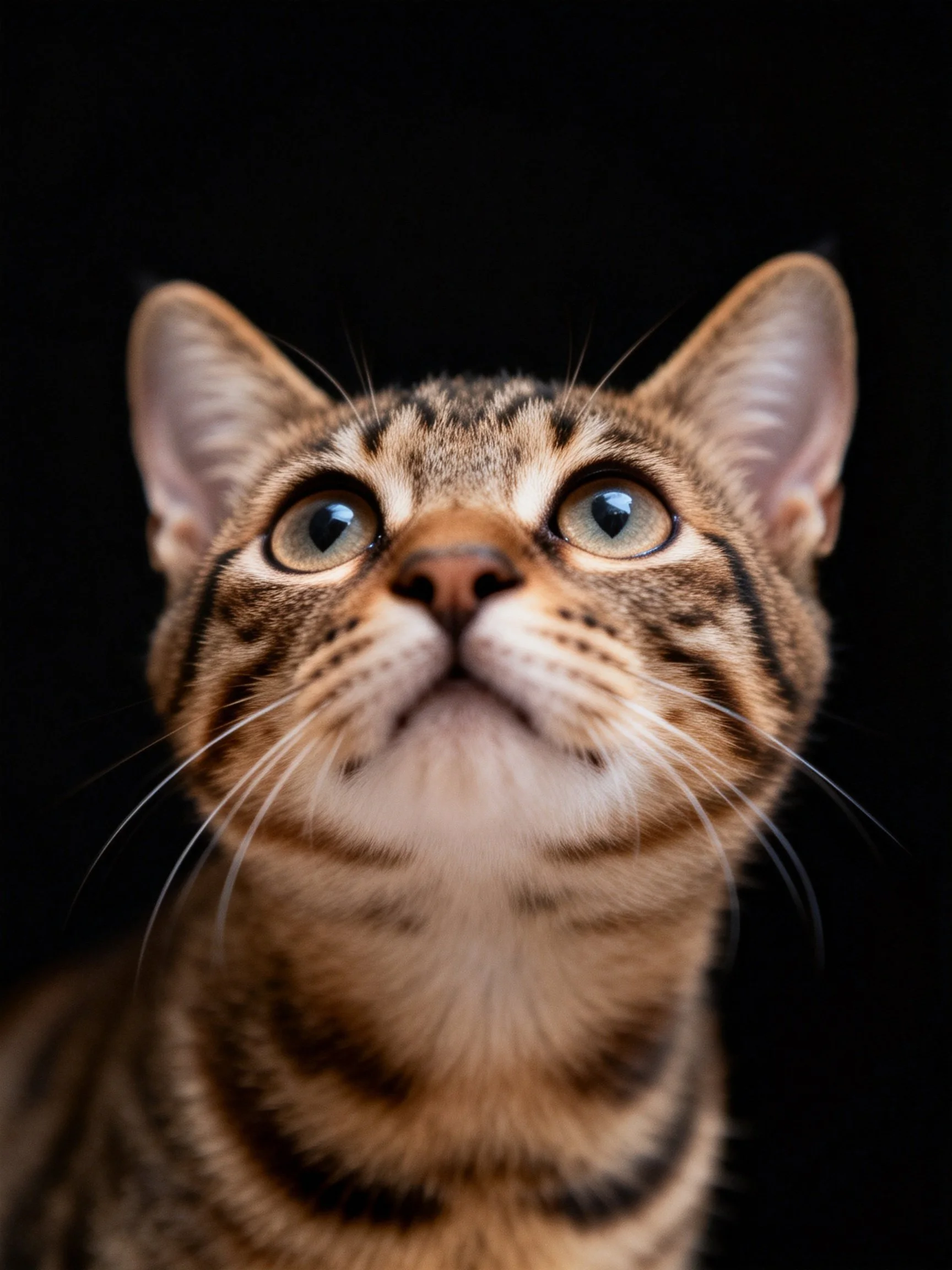 A close - up portrait of a brown tabby cat with bright blue eyes
