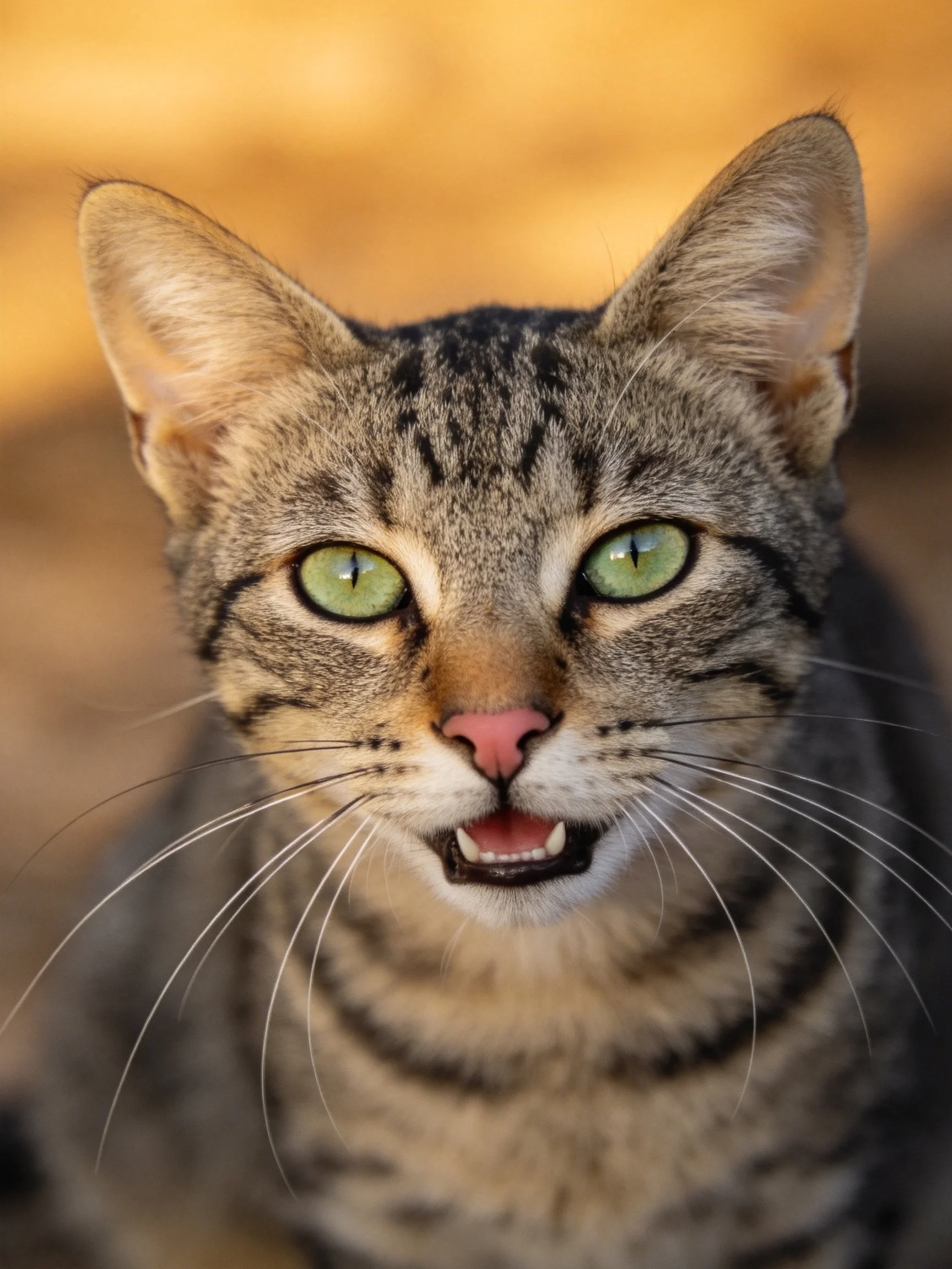 A tabby cat with green eyes is captured in a close-up photograph.