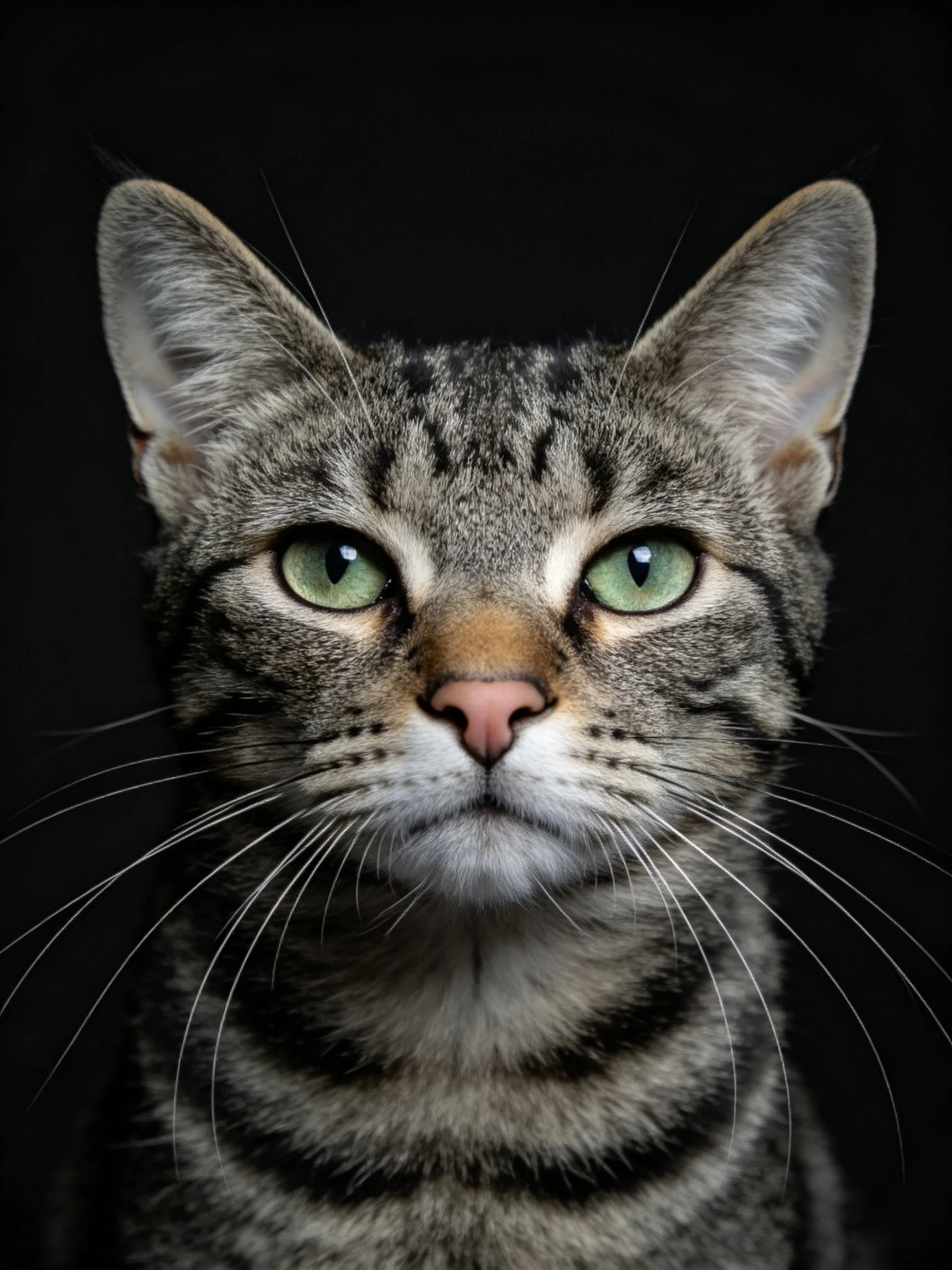 A tabby cat with green eyes is photographed up close against a dark background