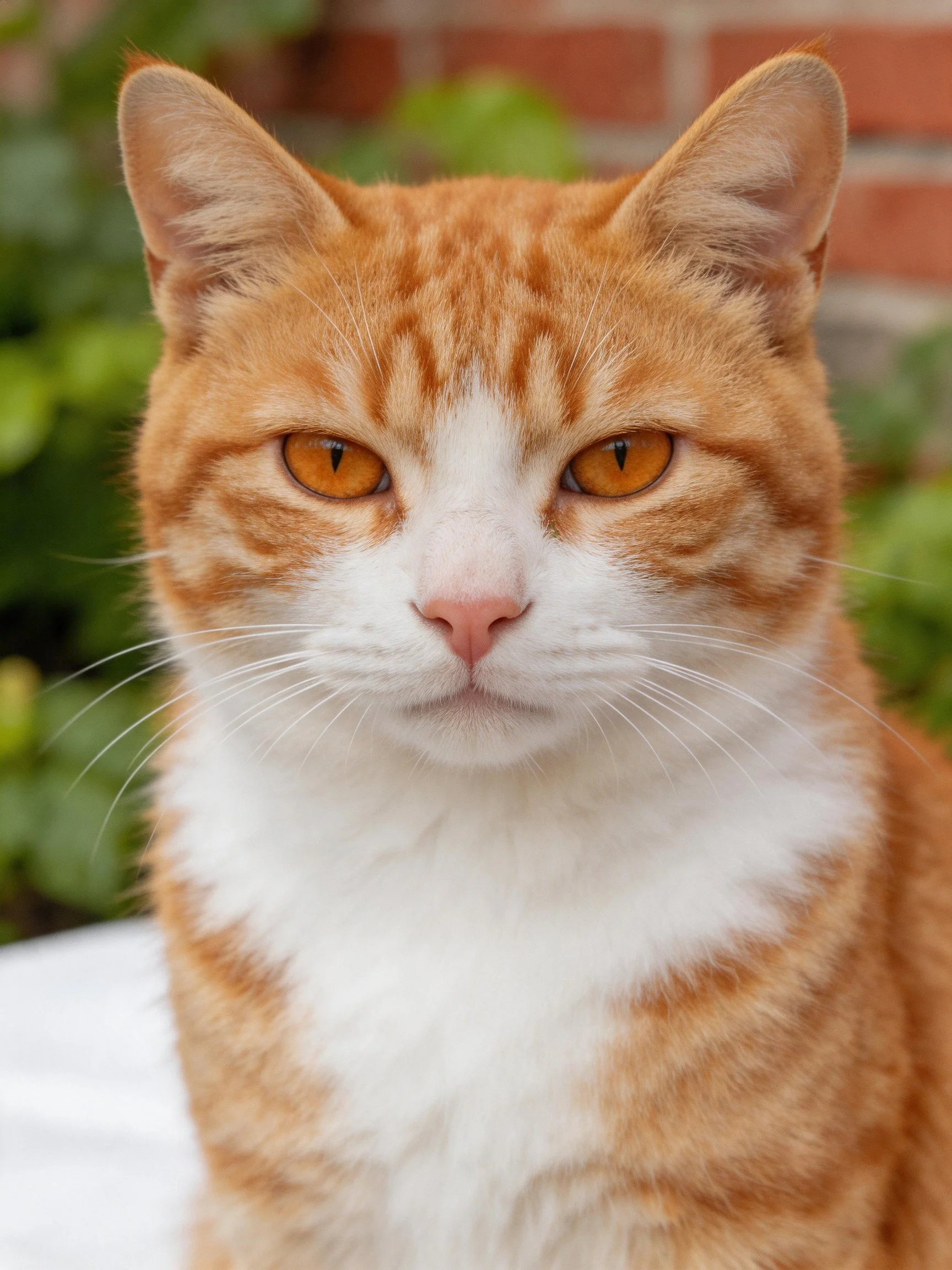 A close - up portrait of an orange and white tabby cat with amber eyes