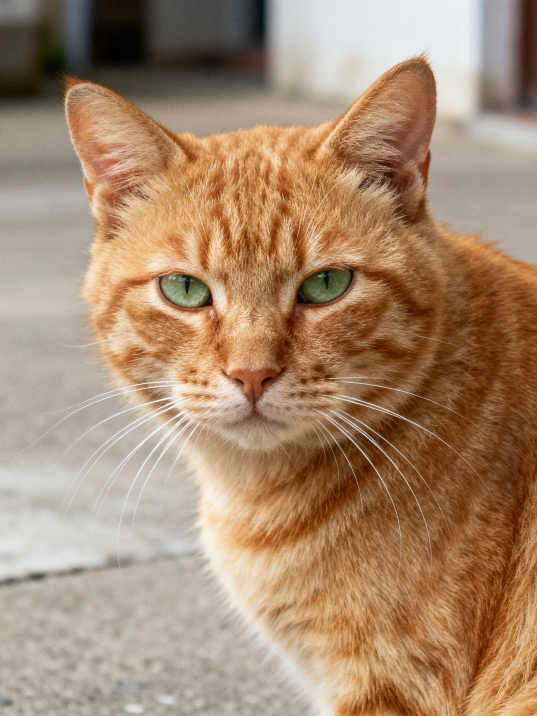 An orange tabby cat with green eyes is depicted in a close - up.
