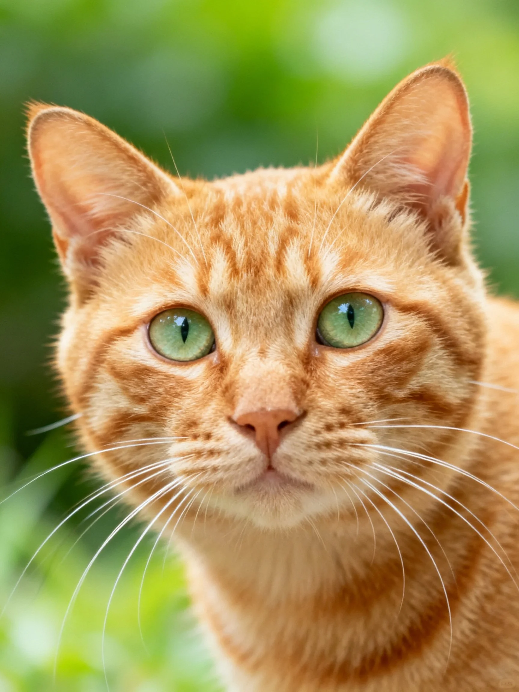 An orange tabby cat with green eyes is shown in a close - up.