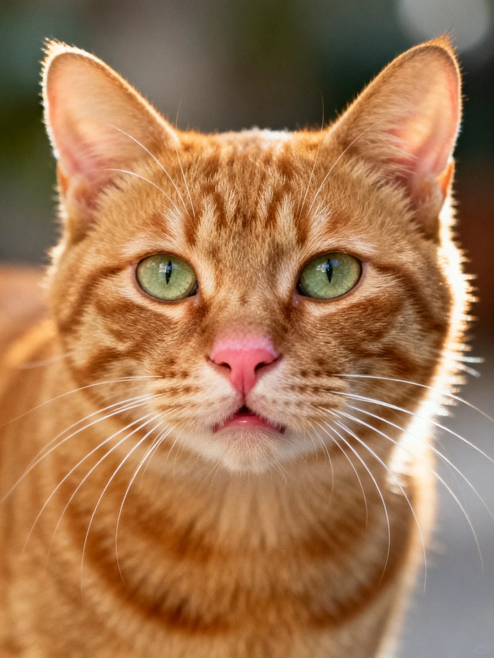 A close-up portrait captures an orange tabby cat with green eyes in natural light