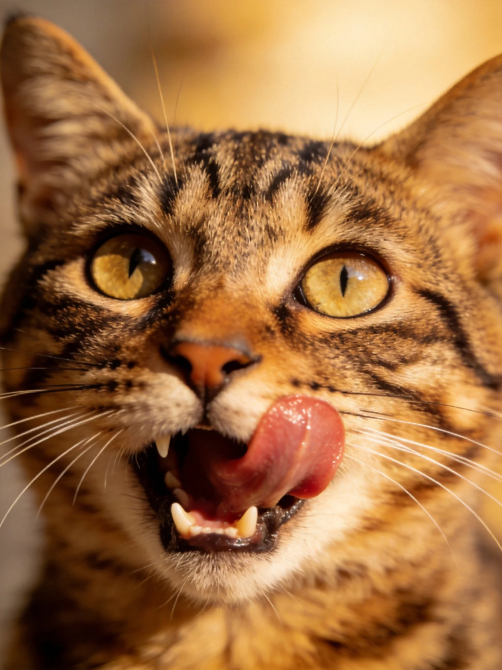 A close-up up of a tabby cat with brown-black striped fur licking its mouth
