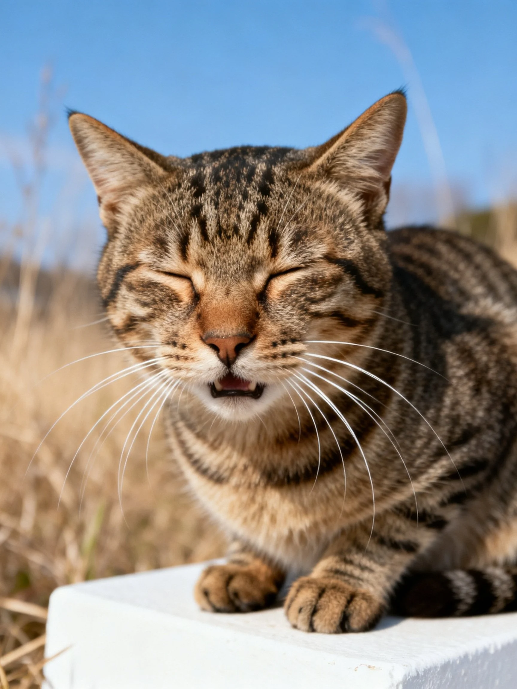 A content brown tabby cat resting on a white outdoor block