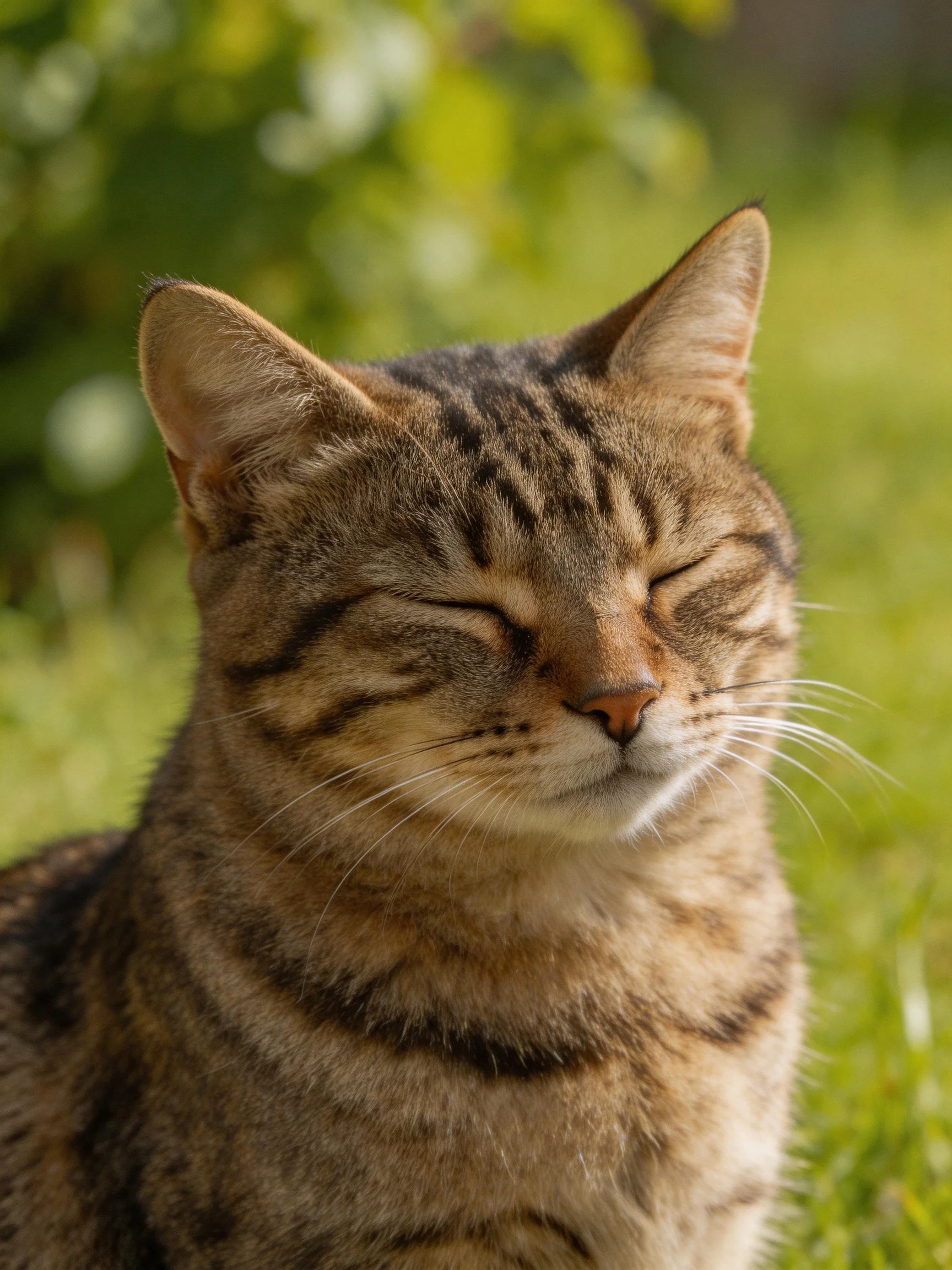 A content brown tabby cat resting with eyes closed in a sunny garden